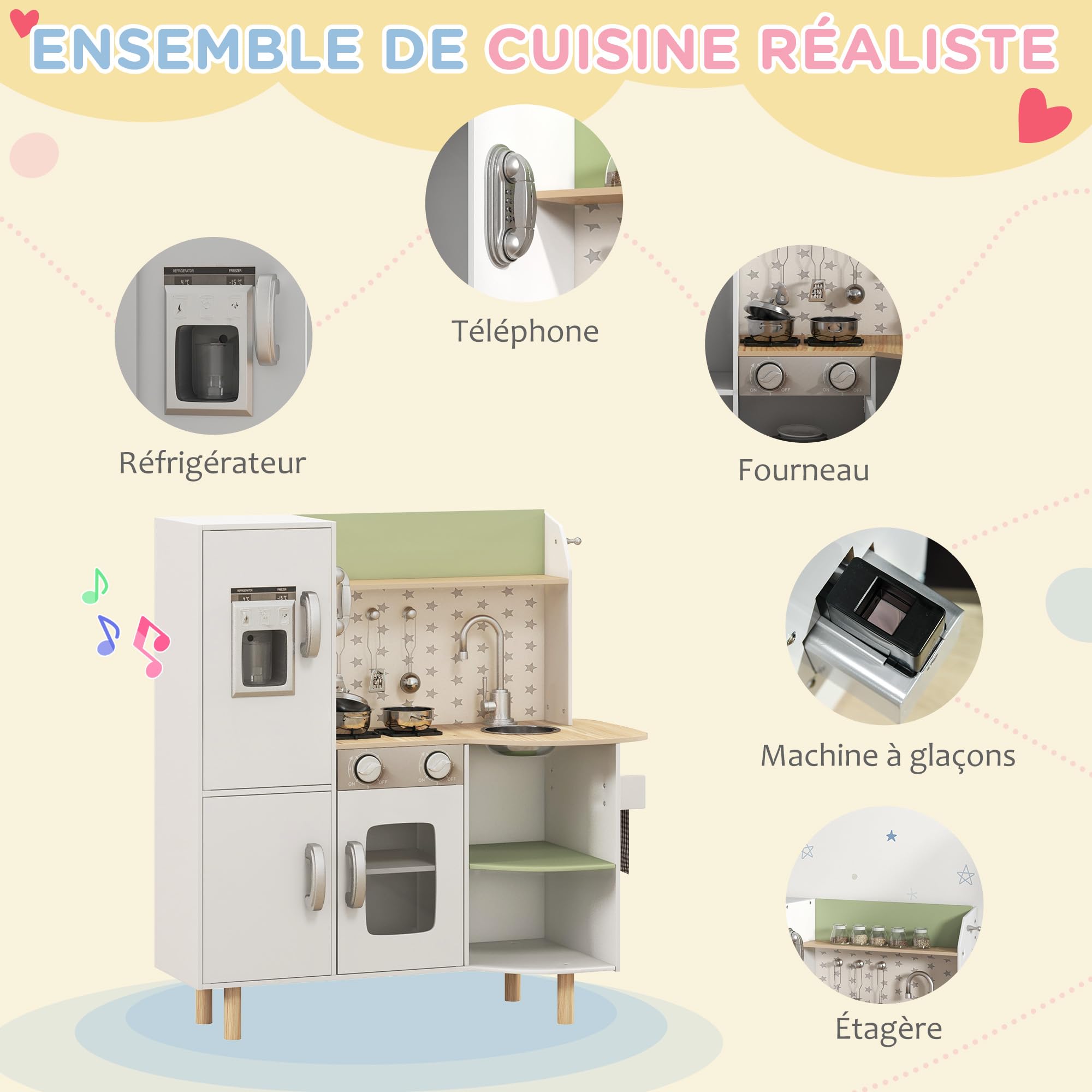 AIYAPLAY Cuisine Enfant en Bois 3-8 Ans Jeu d'imitation avec Machine à glaçons, évier Mobile en Acier Inoxydable et ustensiles 84 x 34 x 89 cm Blanc