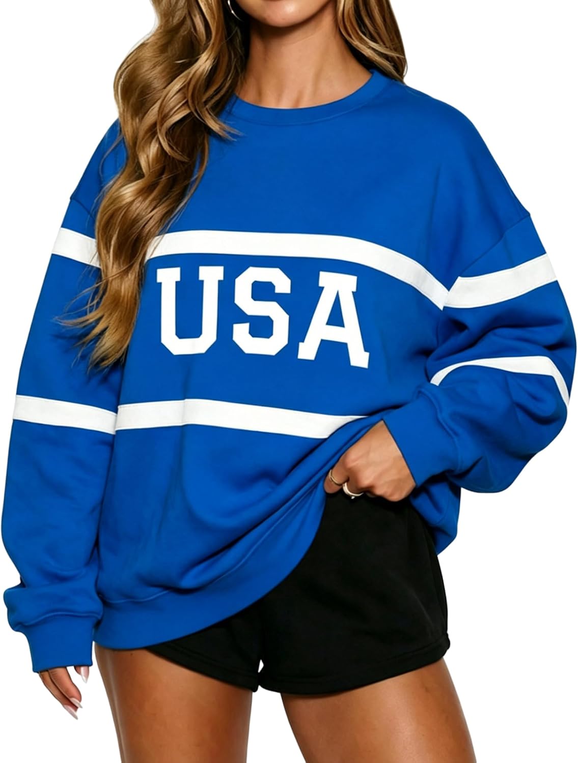 LEEDYA Womens USA Sweatshirt Crewneck American Flag Sweater Oversized Long Sleeve Pullover Tops 4th of July Outfits Shirts
