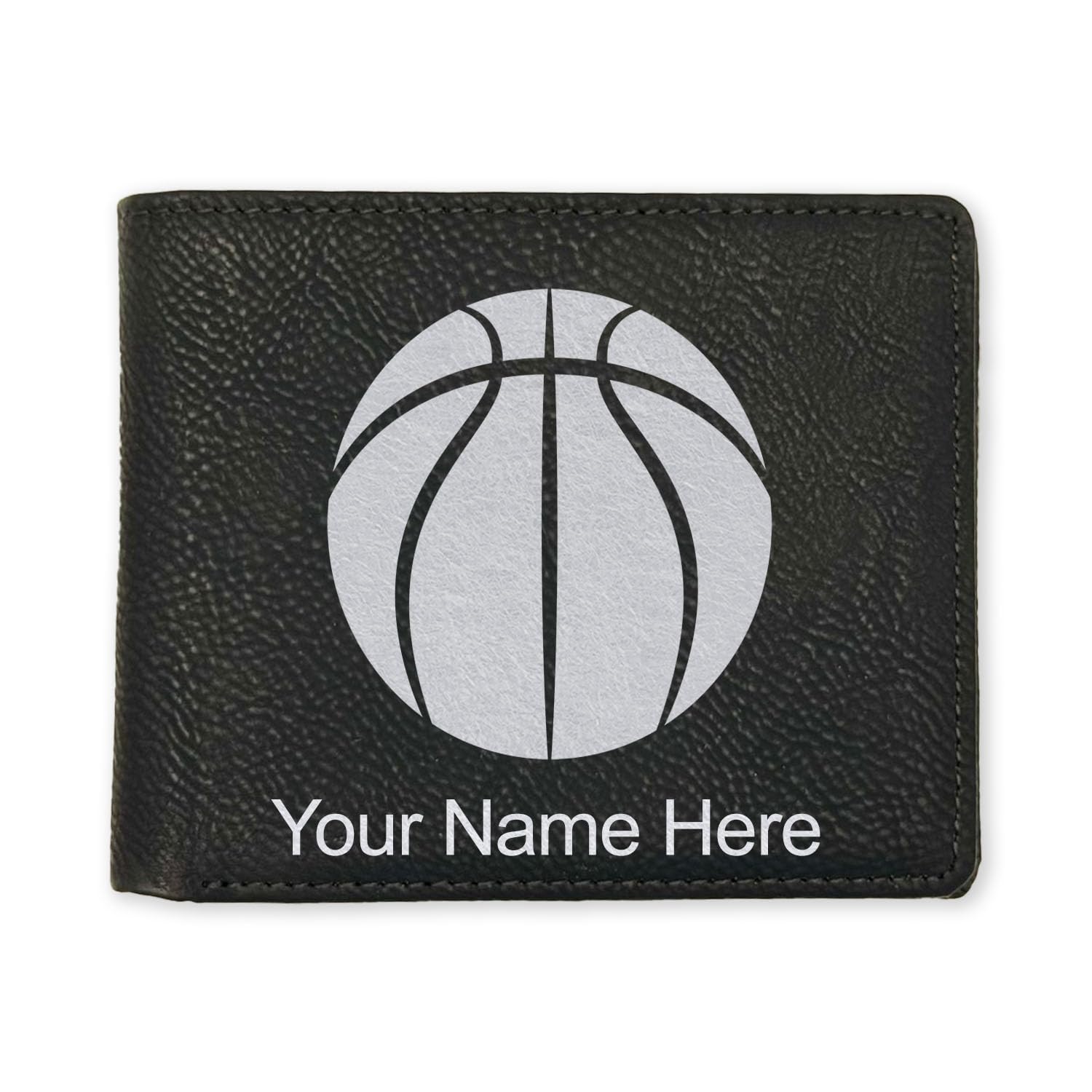 LaserGram Faux Leather Bi-Fold Wallet, Basketball Ball, Personalized Engraving Included (Black with Silver)