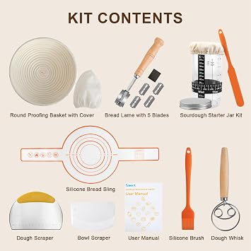Sour Dough Starter Kit, Treerit 9 Inch Banneton Bread Proofing Basket with Glass Sourdough Starter Jar Kit, Sourdough Bread Baking Supplies, Bread Making Tools for Modern Home and Kitchen
