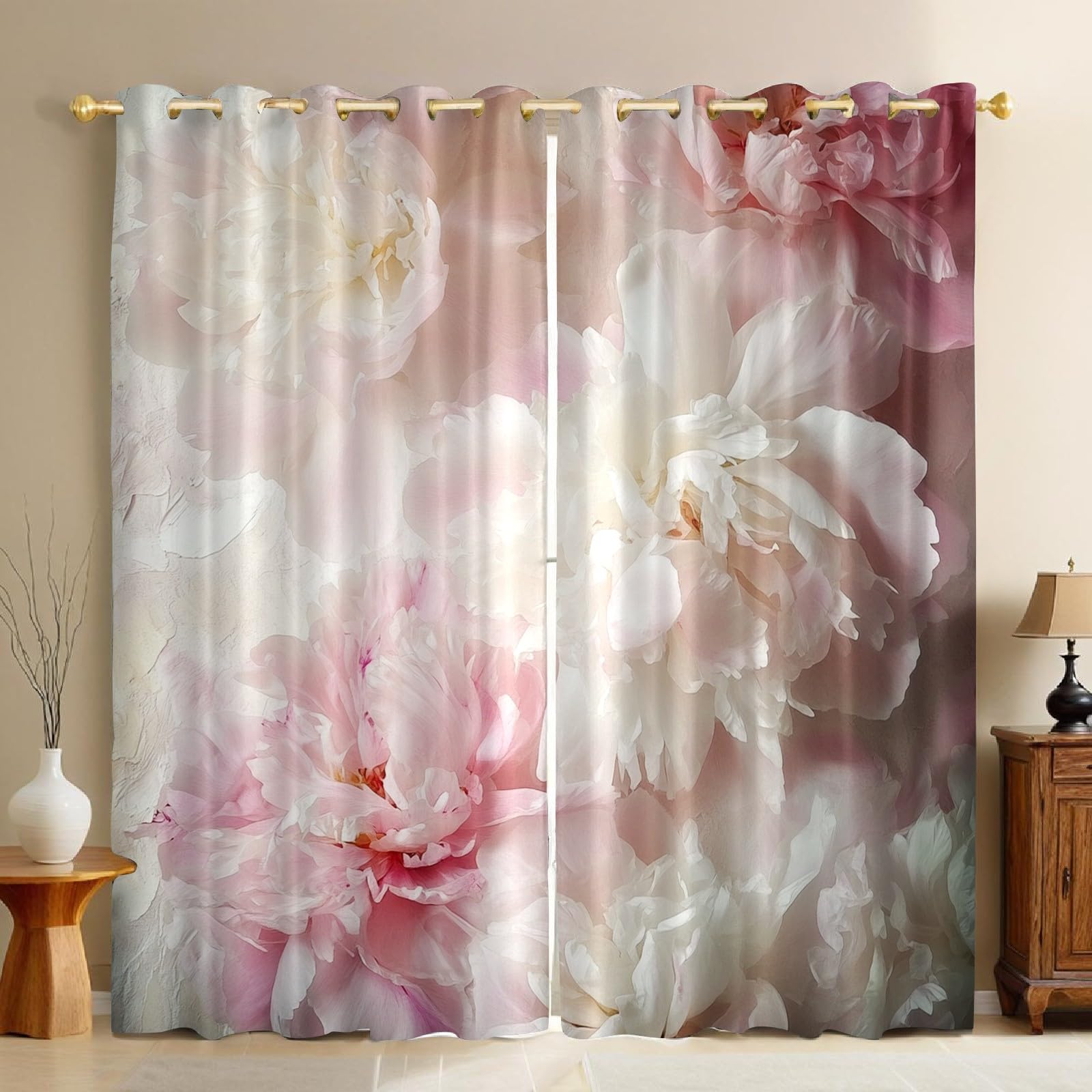 Rideaux occultants chambre et salon motif pivoine rose