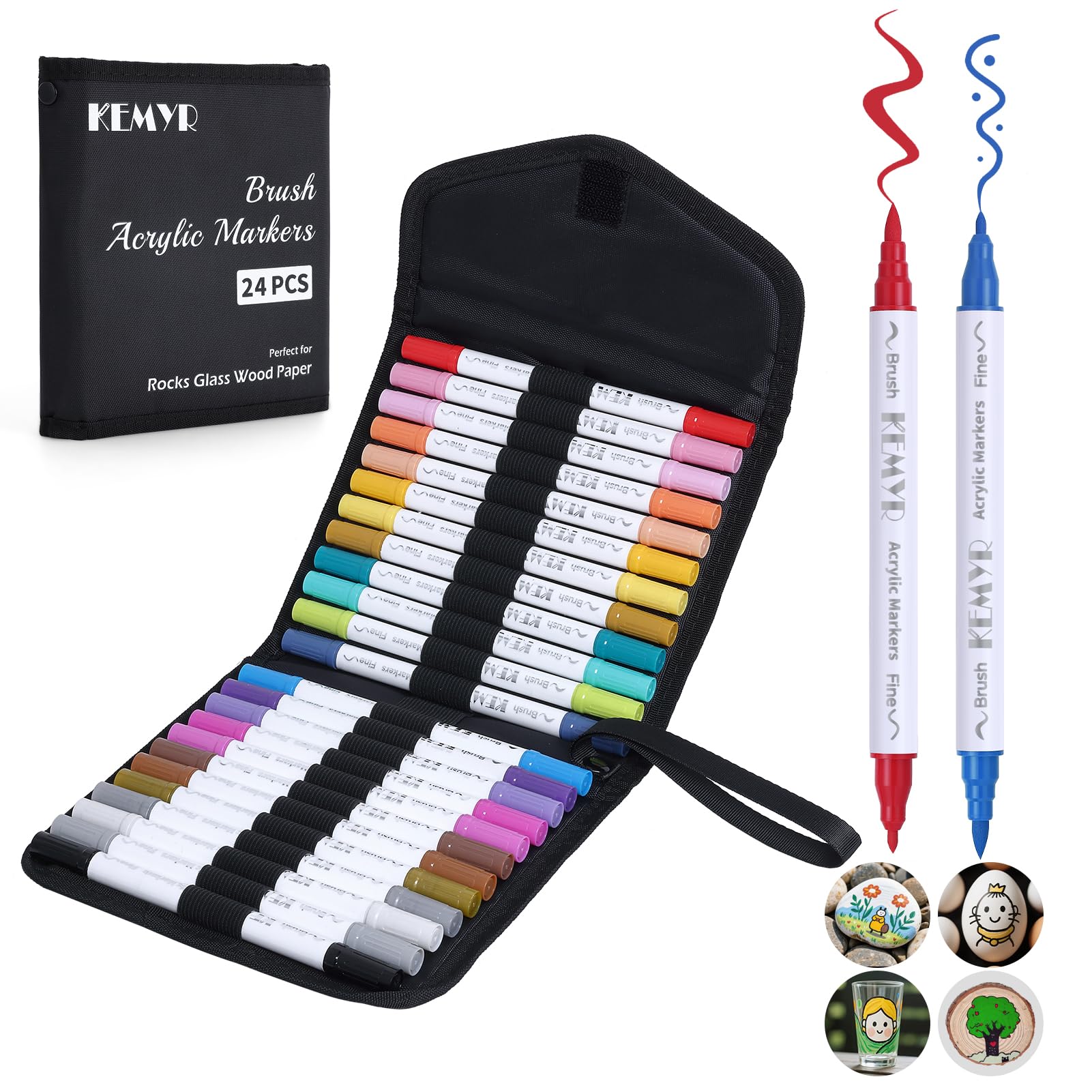 KEMYR 24 Colors Brush & Fine Tip Acrylic Paint Pens, Dual Tip Acrylic Paint Markers for Paper, Wood, Canvas, Stone, Rock, Glass, Fabric, DIY, Ceramic,