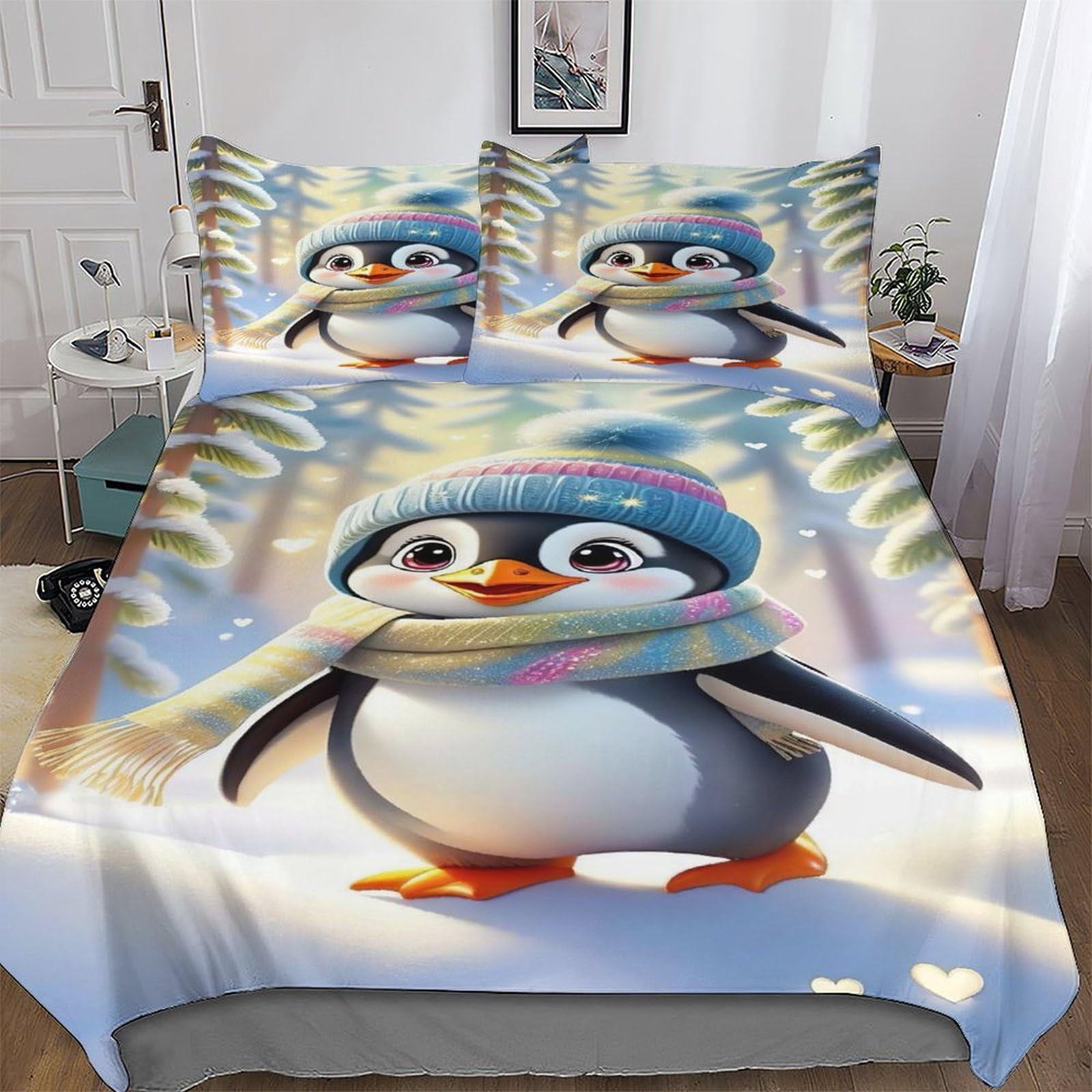 Parure de lit pingouin 220x240 cm avec housse de couette et taies d'oreiller enfant
