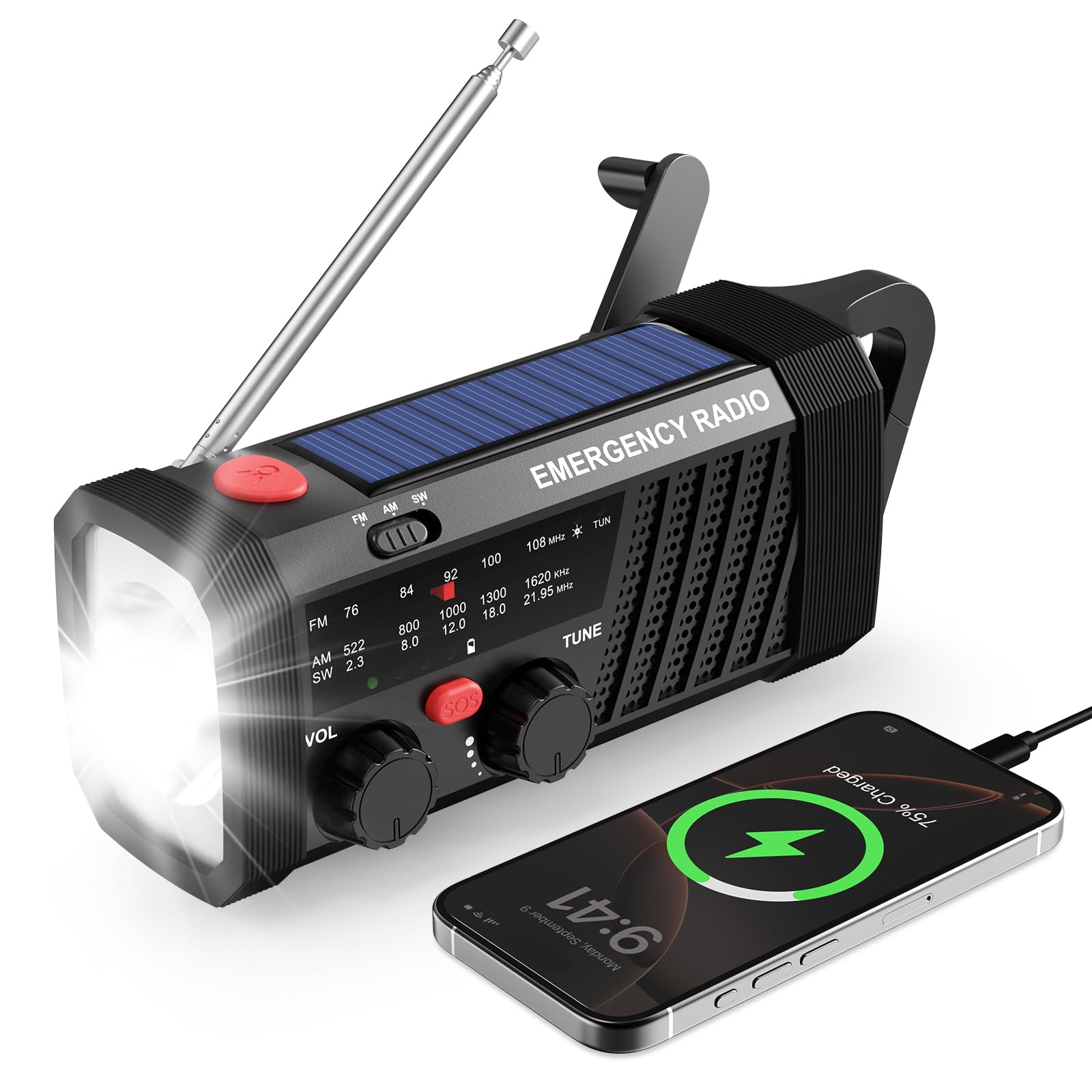 Radio de Emergencia Portátil, Radio Solar y a Pilas, Radios Emergencia con Manivela, Radio Dinamo Am/FM/SW, Linterna y Alarma SOS, Ideal para Kit de Supervivencia y Camping (7400 mWh