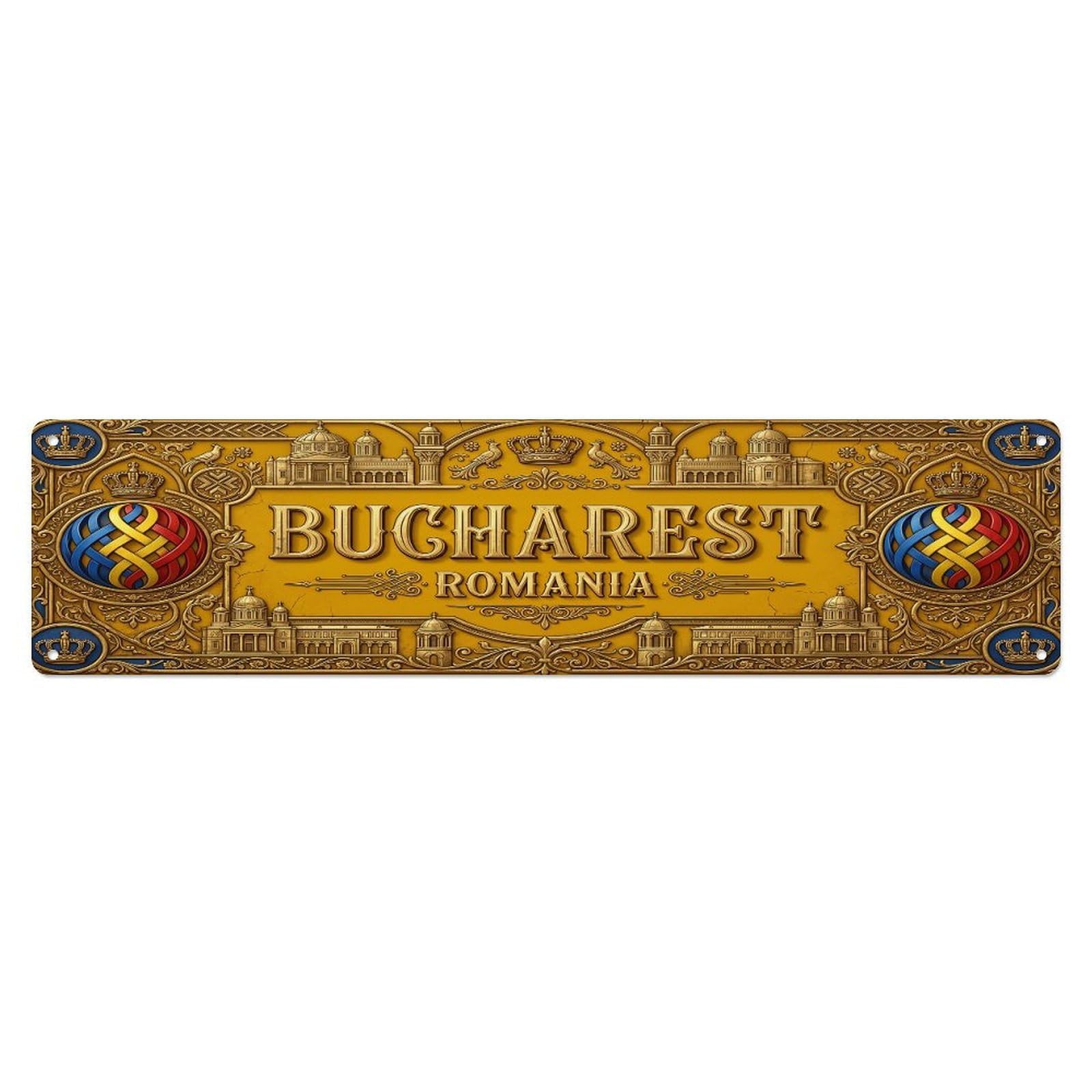 Vintage Bucharest Romania Flag Pattern Metal Tin Sign