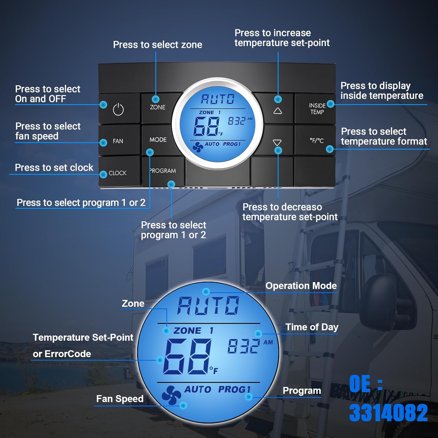 Multi-Zone Comfort Control Center 2 Thermostat 10-Button Thermostat Compatible with Dometic Air Conditoner Series 579,595,600,6308,520,6218xx，457915 and More, Black Replace 3314082.000