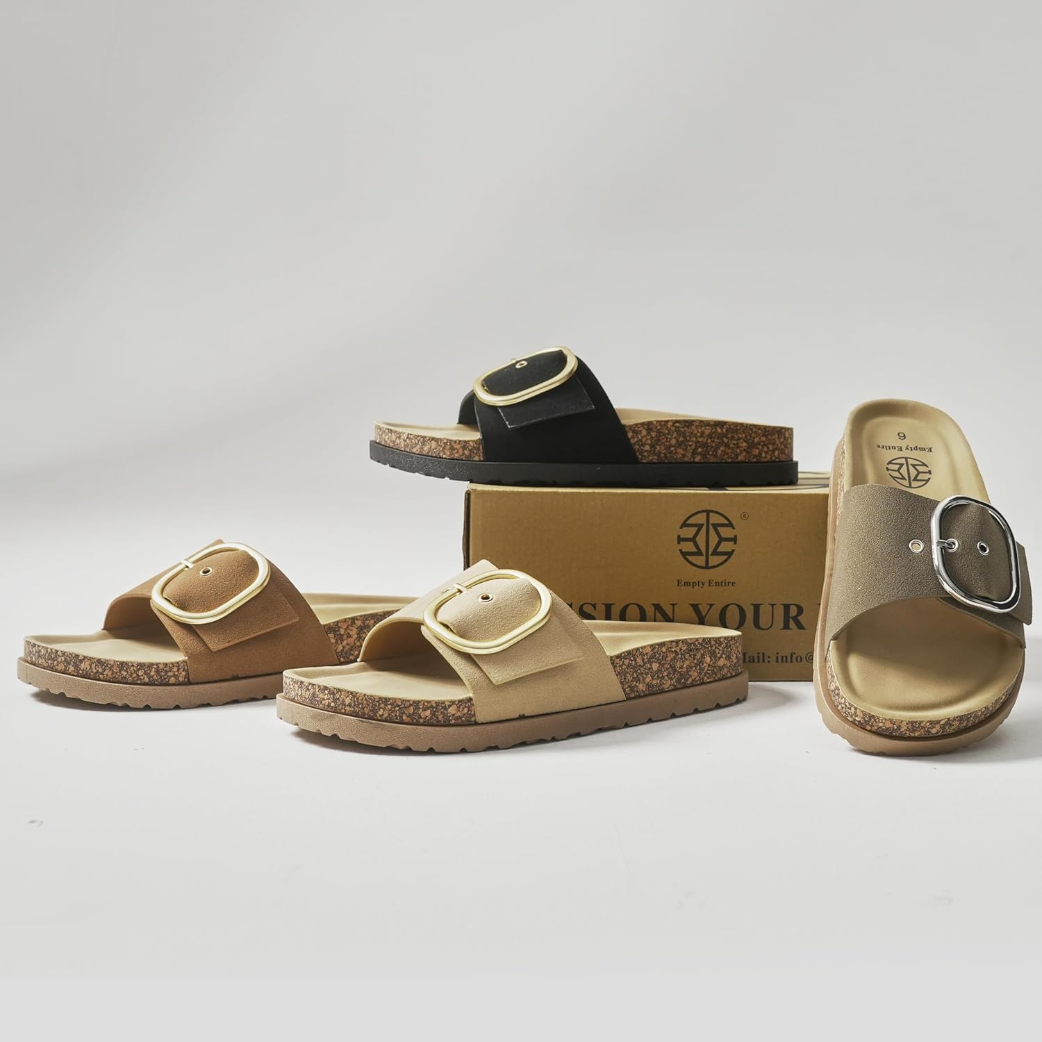 Women's Cork Sandals with Arch Support – Fashion Slides with Oversized Metal Buckle and Soft Microfiber Suede Upper – Comfortable Sandals for Wide Feet, High Instep, Swollen Feet