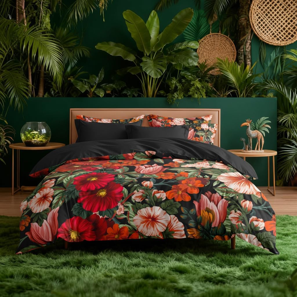 CCoutueChen Black Floral Comforter Set King Size, 3 Pcs Vintage Floral Bedding Set for Women, American Retro Microfiber Lightweight Comforter with 2 Pillowcases/104 x90, Black Red