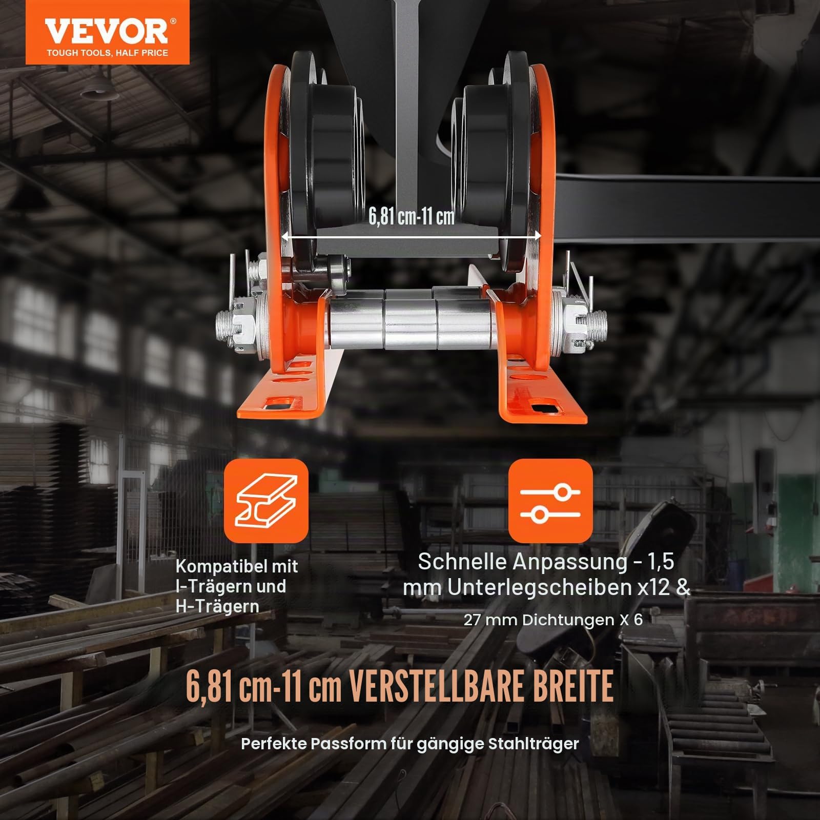 VEVOR Laufkatze 1Tonnen Tragfähigkeit Hallenkran 68-110mm Einstellbare Breite Kran 350x196x160mm Rollfahrwerk Doppelrad-Design Handfahrwerk für I- und H-Trägern Hallenkran Ladekran