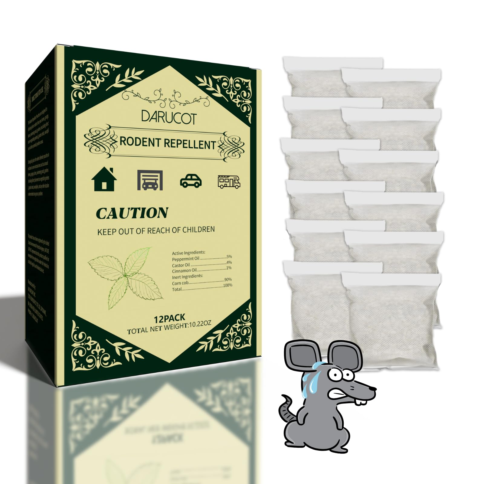 Extra-Strength Mouse Repellent Pouches, Cinnamon/Peppermint Oils Repel Mice from Nesting & Freshen Air in Car/RV/Boat/Garage/Shed/Cabin