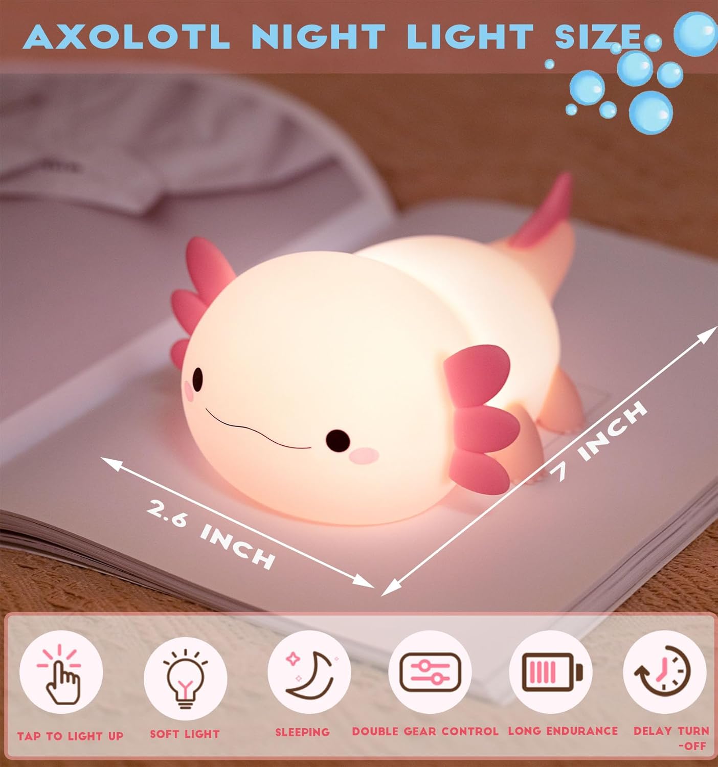 LED Squishy Axolotl Night Light,Cute Capybara Lamp for Kids and Adult!Axolotl Gifts for Boy Girls,Rechargeable Novelty Animal Night Lamp,2 Levels Dimmable Nursery Nightlight Touch Lamp for Bedroom