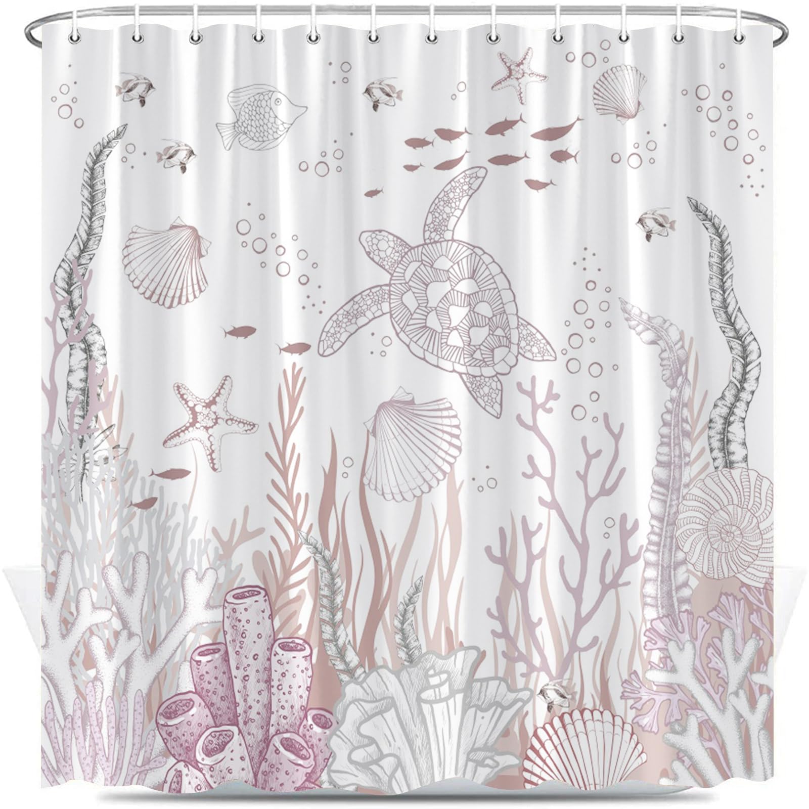 BNYARH Nautical Coastal Turtle Shower Curtain Pink Grey Coral Starfish Seashell Beach Ocean Bath Curtains Underwater Tropical Fish Bathroom Decor with