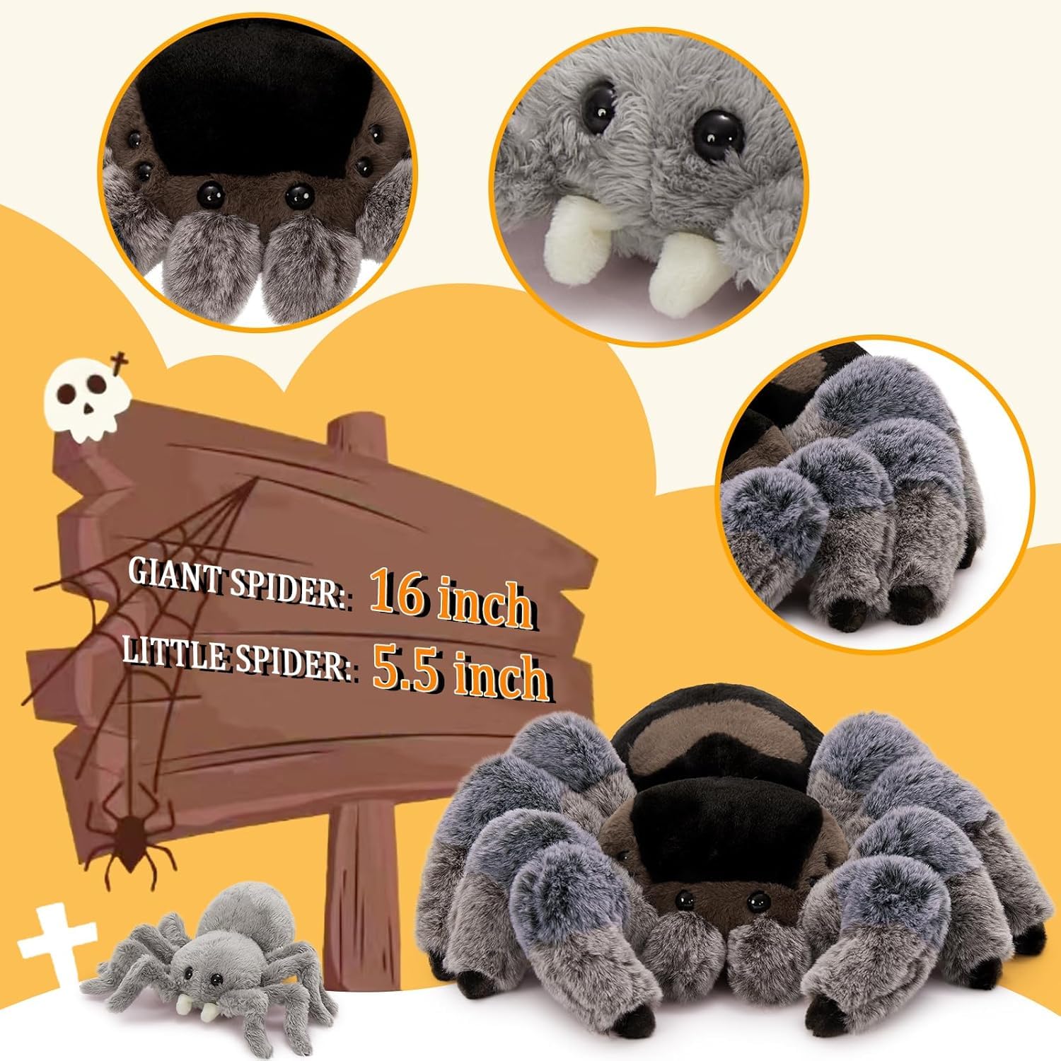 MorisMos Grau Spinne Kuscheltier XXL, 40cm Riesen Spinne Plüschtier mit 3 Baby im Bauch, Kawaii Groß Stofftier Weich Spielzeug, Großes Geburtstag Weihnachten Geschenk für Kinder