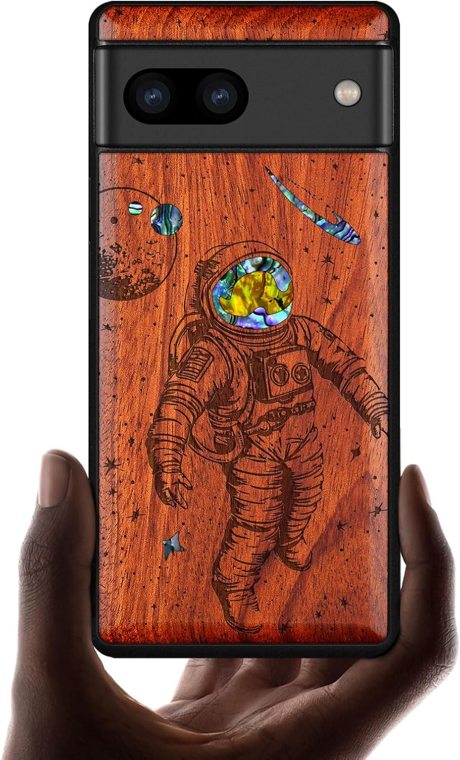 Carveit Designer Wooden Case for Google Pixel 8 Case Protective Cover [Wood Engraving & Shell Inlay] Compatible with Wireless Chargers Pixel 8 (Cosmic Wanderer-Rosy)