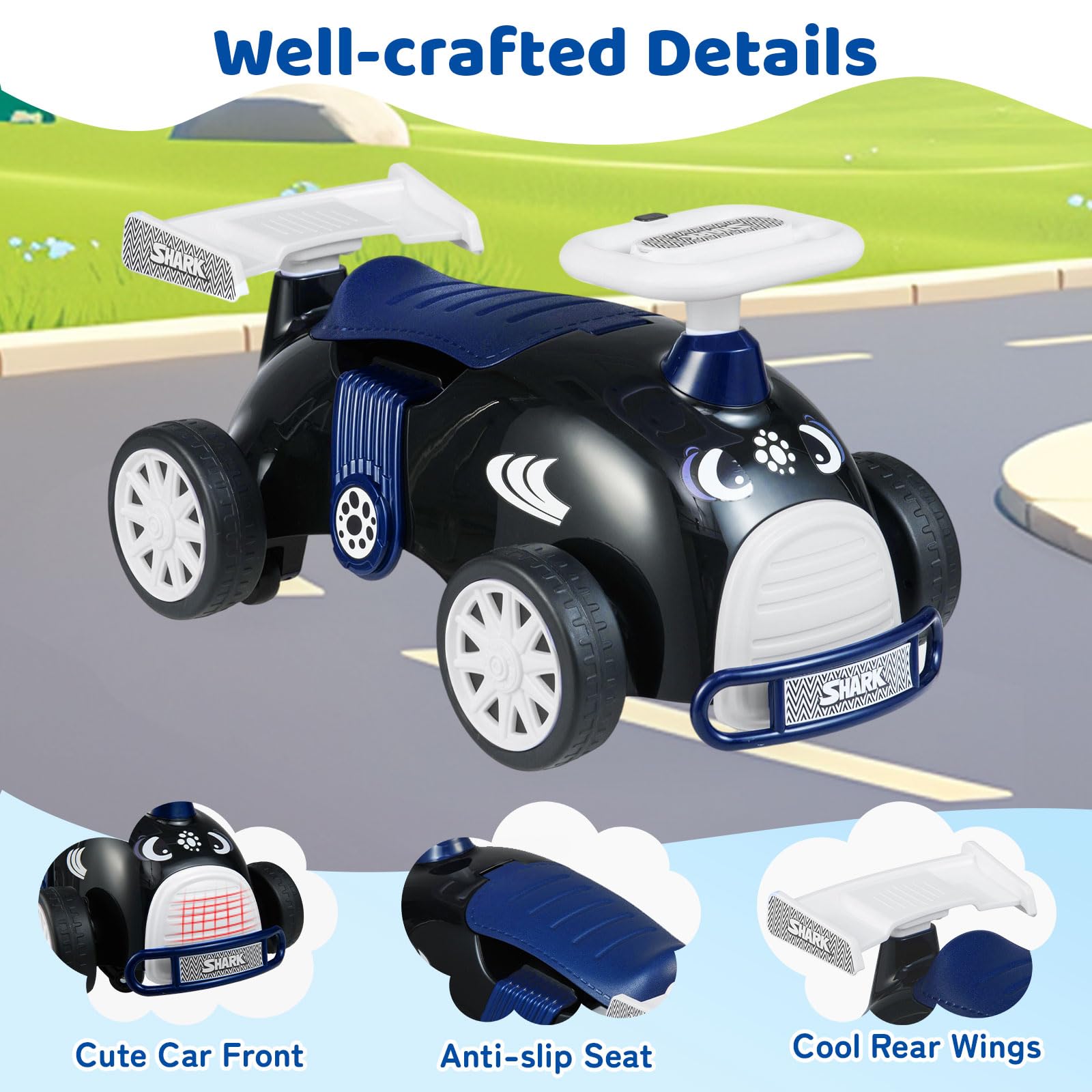 FANTASK Samochód zjeżdżalny dla dzieci, pojazd policyjny z uniwersalnymi kółkami, klakson i muzyka, pomoc w nauce chodzenia z miejscem do przechowywania, dla dzieci od 1 roku (czarny + niebieski)
