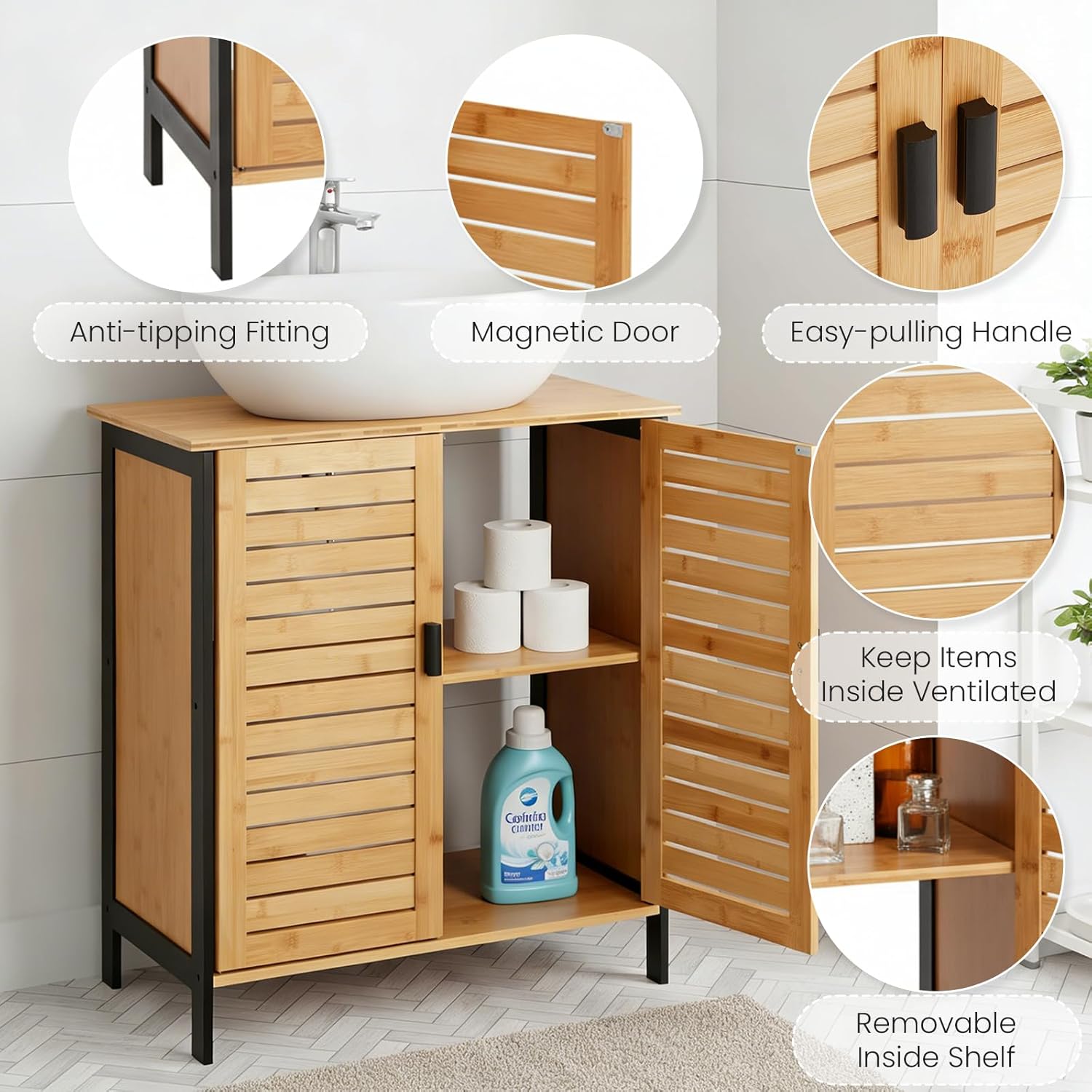 24" Bamboo Pedestal Under Sink Storage Vanity Cabinet, Solid Waterproof Sliding Door Bathroom Organizer with Adjustable Shelf, Modern Bathroom Furniture(Top Cutout, Not for Floor Drain)