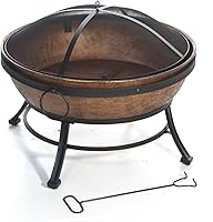 DeckMate Avondale 29-Inch Steel Outdoor Fire Pit - Antique Copper Finish, Spark Screen, Fire Poker & Log Rests