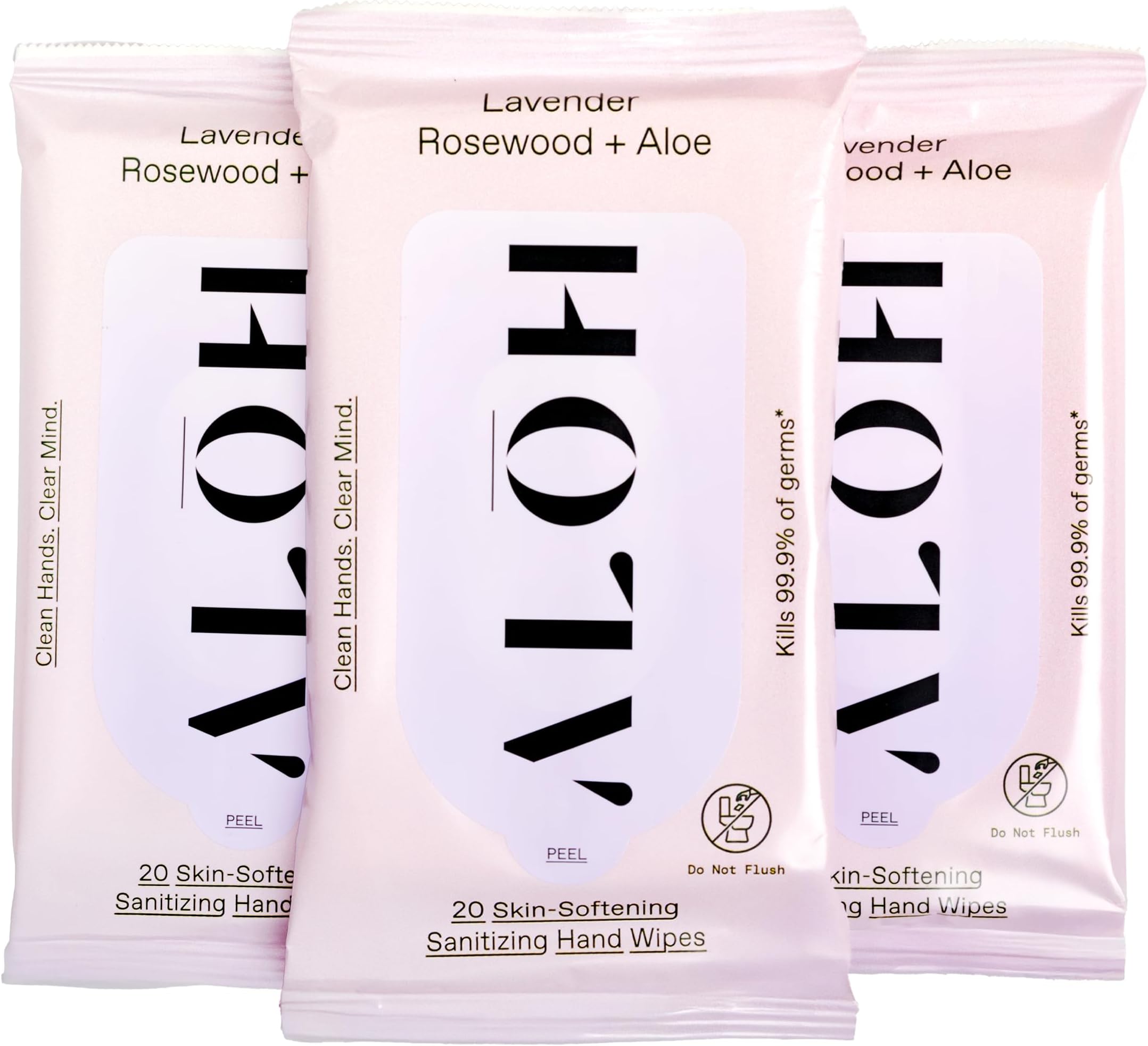 ALŌH Antibacterial Wipes – Lavender & Rosewood Sanitizing Hand Wipes - Clean Hands, Clear Minds - On The Go Hand Sanitizer Wipes for Kids and Adults - Travel Size 3 Pack, 20ct Wipes (60 wipes)