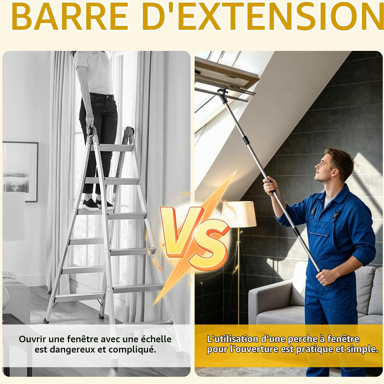Canne Télescopique Fenêtre de Toit 1,86 m, Perche de Commande avec Crochet pour Ouvrir et Fermer les Fenêtres de Toit et Stores, Compatible VELUX GGL GGU GPL GHL
