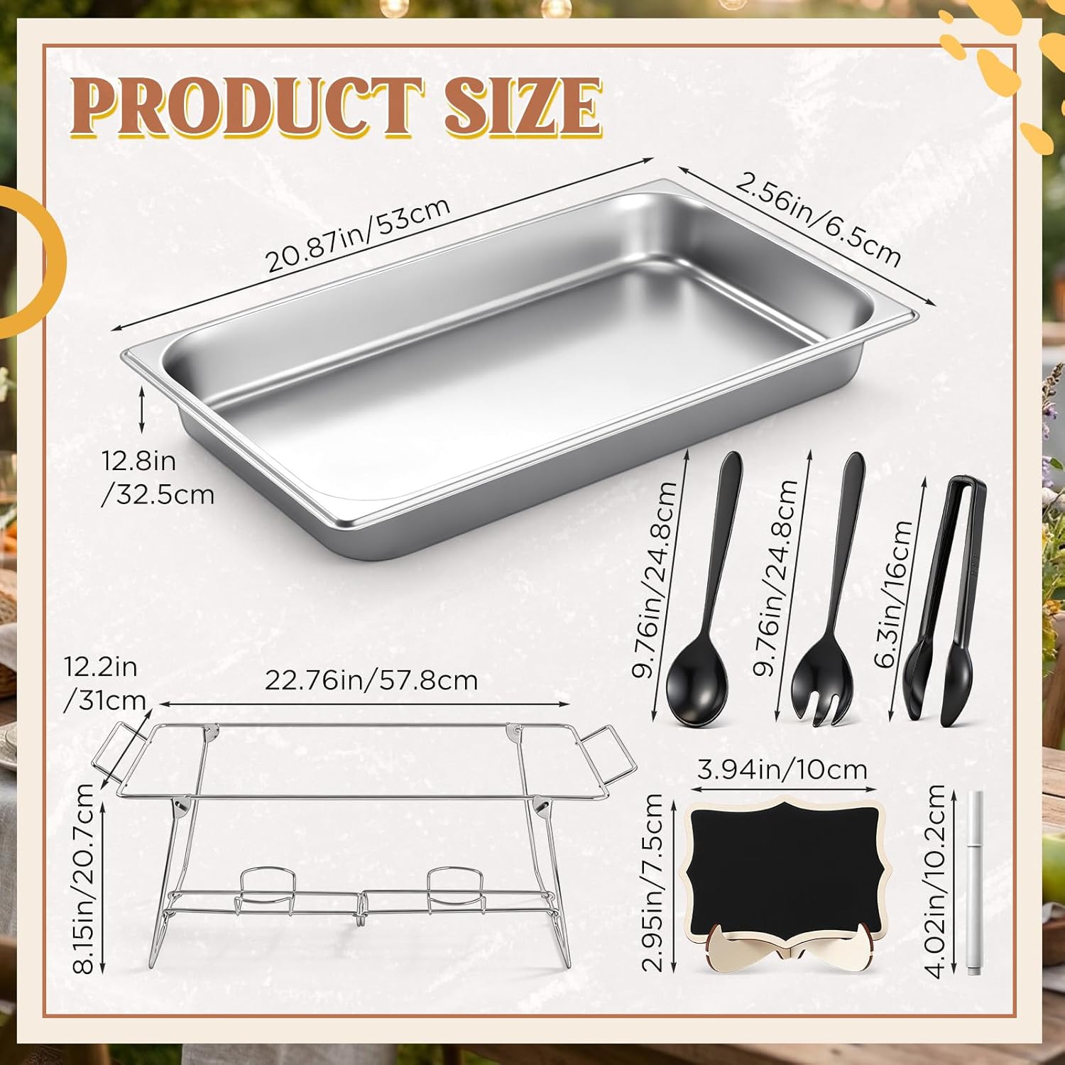 Maxdot 3 Set 24 Pcs Reusable Chafing Dish Buffet Set Food Warmers for Party Include Catering Buffet Display Stainless Steel Pan Rack Stand Plastic Tongs Forks Spoon Chalkboard Sign and Pen