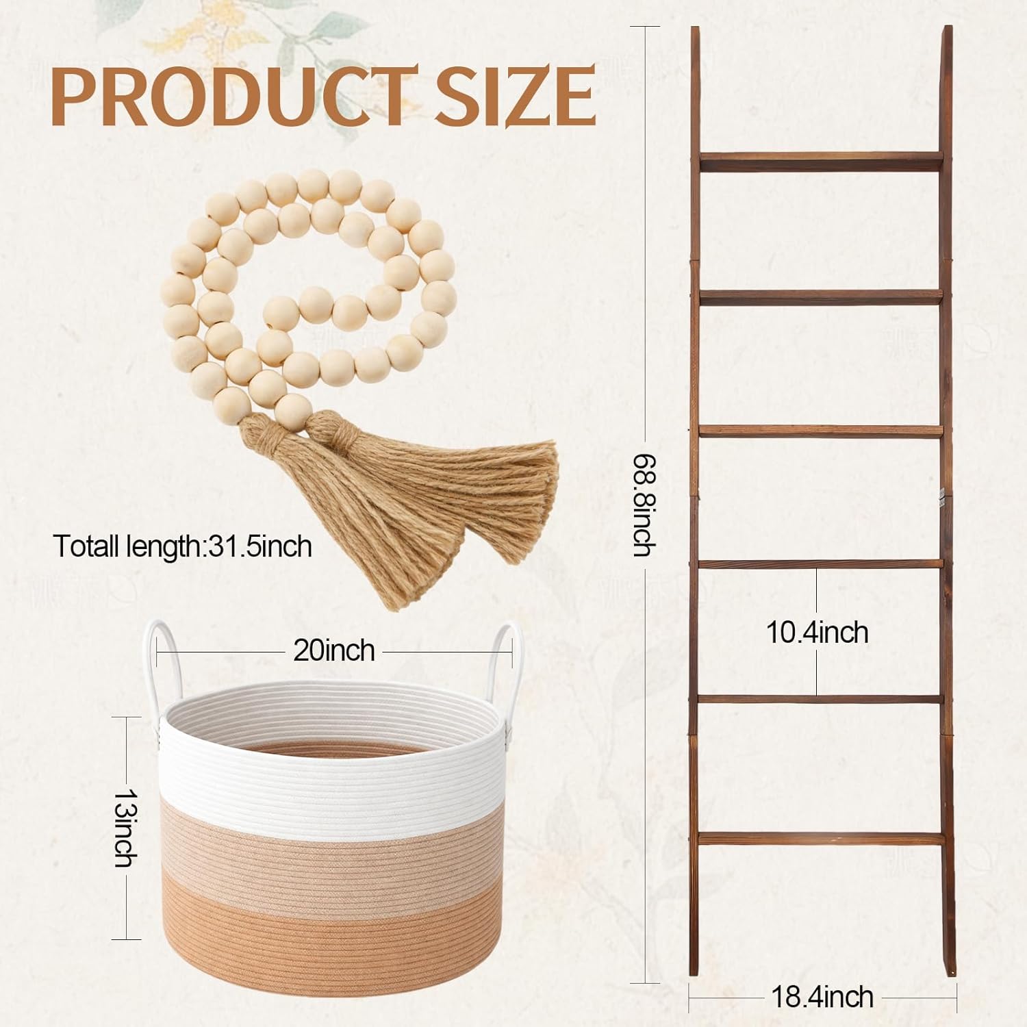 Novabright 3 Pcs Farmhouse Living Room Decoration Set with 5.6 Ft Wooden Blanket Ladder 20 x 13 Inches Large Woven Blanket Basket 58 Inches Wood Bead Garland with Tassels for Bedroom Home Decor