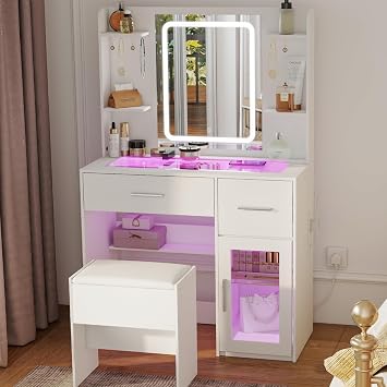 YOSHOOT Dressing Table with LED Lighting Mirror, Glass Top Charging Station, Vanity Table with 2 Drawers, Side Cabinet, Makeup Desk with Upholstered Stool for Cloakroom and Bedroom,90*40*140cm White