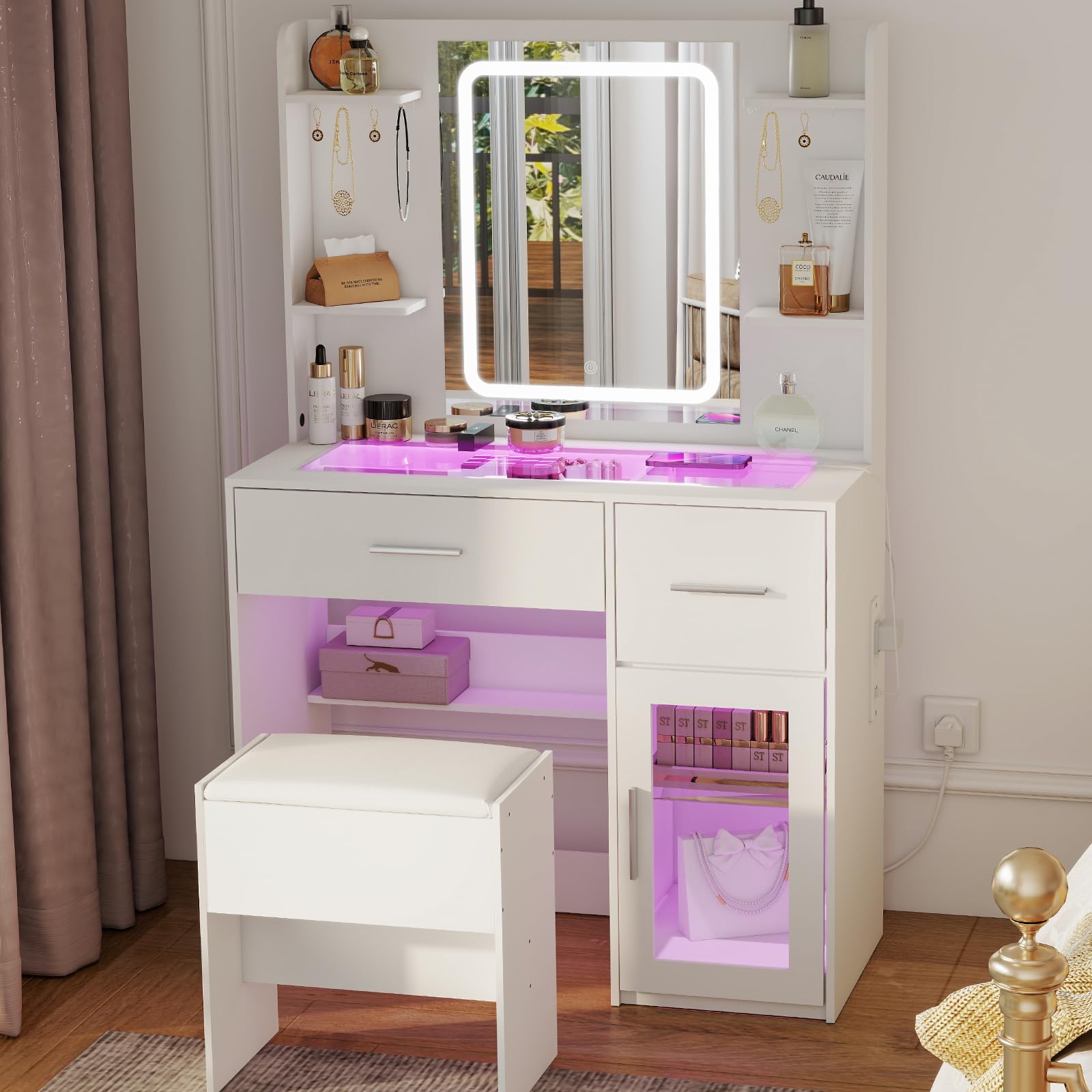 YOSHOOT Dressing Table with LED Lighting Mirror, Glass Top Charging Station, Vanity Table with 2 Drawers, Side Cabinet, Makeup Desk with Upholstered Stool for Cloakroom and Bedroom,90*40*140cm（White）
