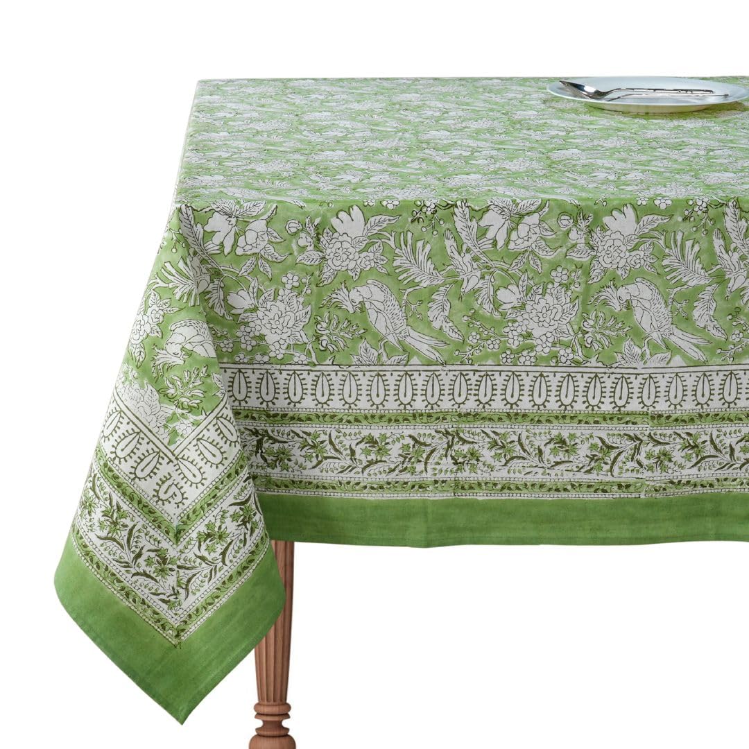 CPC Tablecloth 100% Cotton 60x90 Inch Indian Block Print Rectangle Table Cover, Washable Table Cloth for Weddings, Spring/Summer, Barbeque - Olive Green