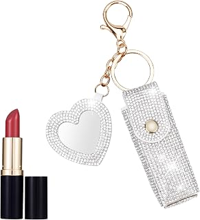 Fantasyon Lipstick Holder with Mirror Leather Diamond Lip Gloss Bag Chapstick Holder Keychain Portable Lip Balms Holder for Women Girl Travel Lipgloss Coins Storage Holder for Purse(White)