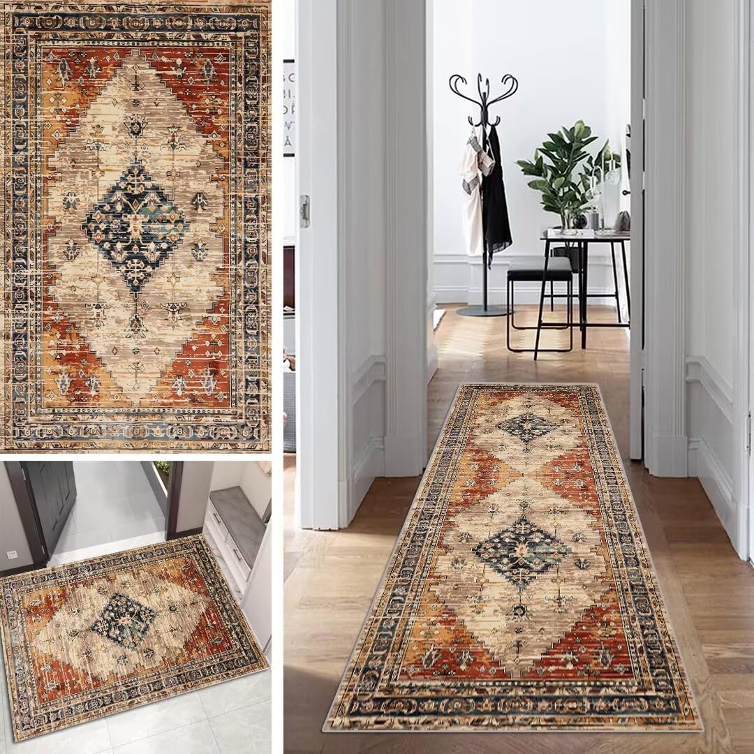 Blauwe loper, tapijt, lange vintage gang, loper, antislip, wasbaar, 110 x 120 cm, modern, bladpatroon, duurzaam, loper, keuken, gang, polyester, aanpasbaar per meter
