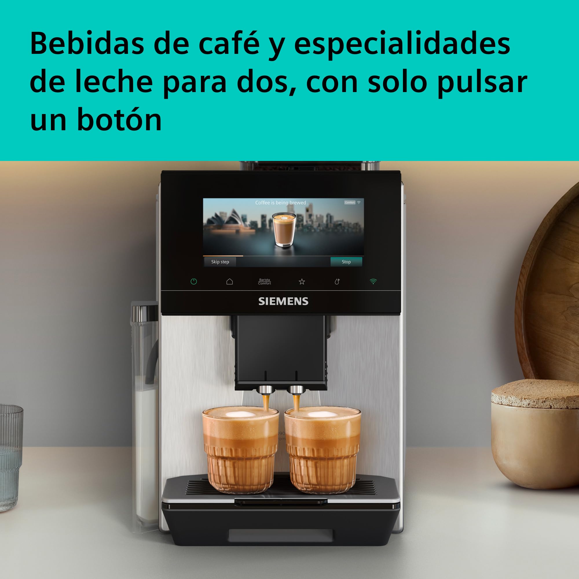 SIEMENS, cafetera superautomática, EQ900 iAroma, sabores personalizados, molienda precisa, pantalla grande para uso intuitivo, cafés personalizados, acero inoxidable, TQ923E03