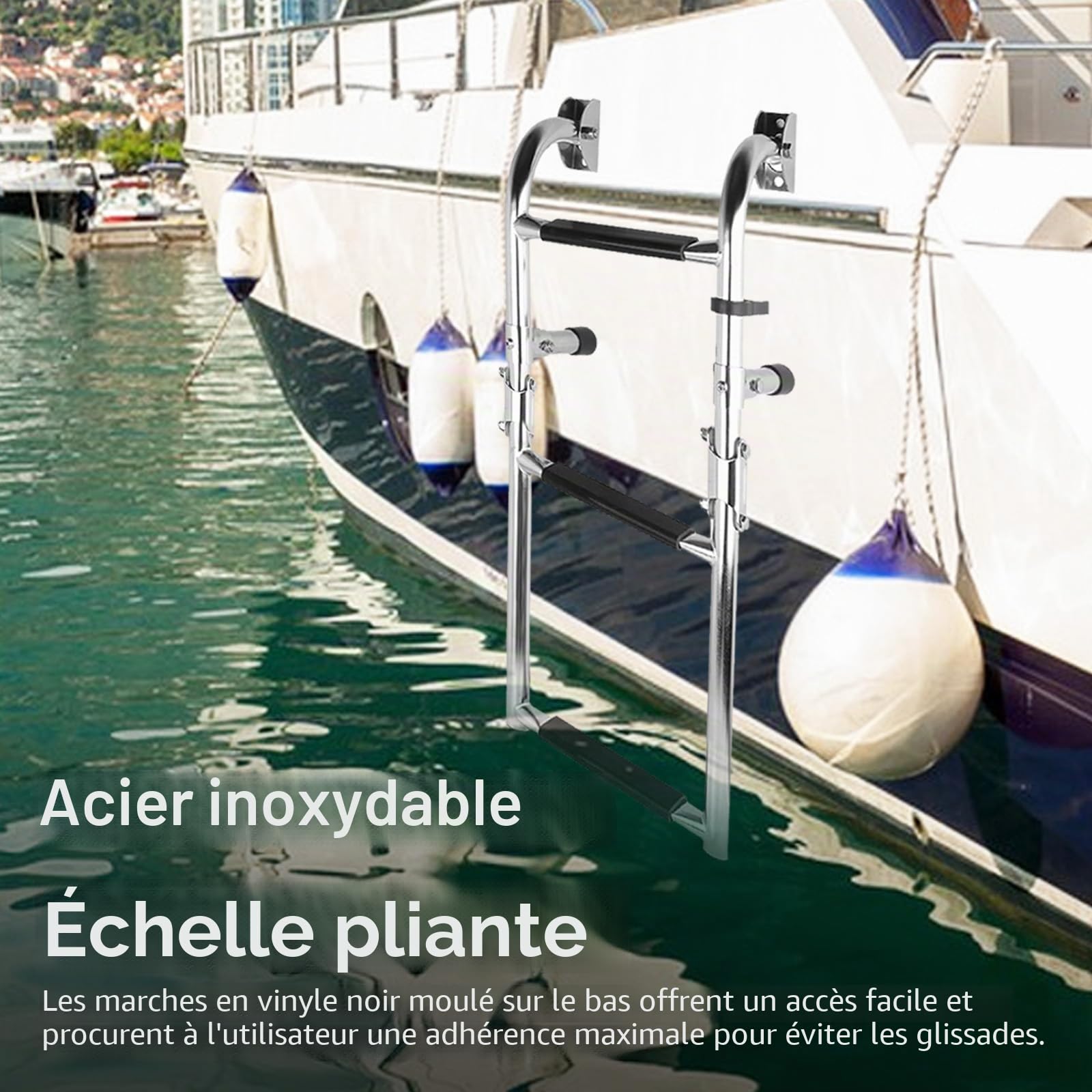 Aisny Échelle Natation à 3 Marches en Acier Inoxydable 304, Échelle Piscine Bateau Échelle Télescopique Pliable à 180 Degrés, Échelle Bateau Flottante Pour Quai Piscine Yacht Marin