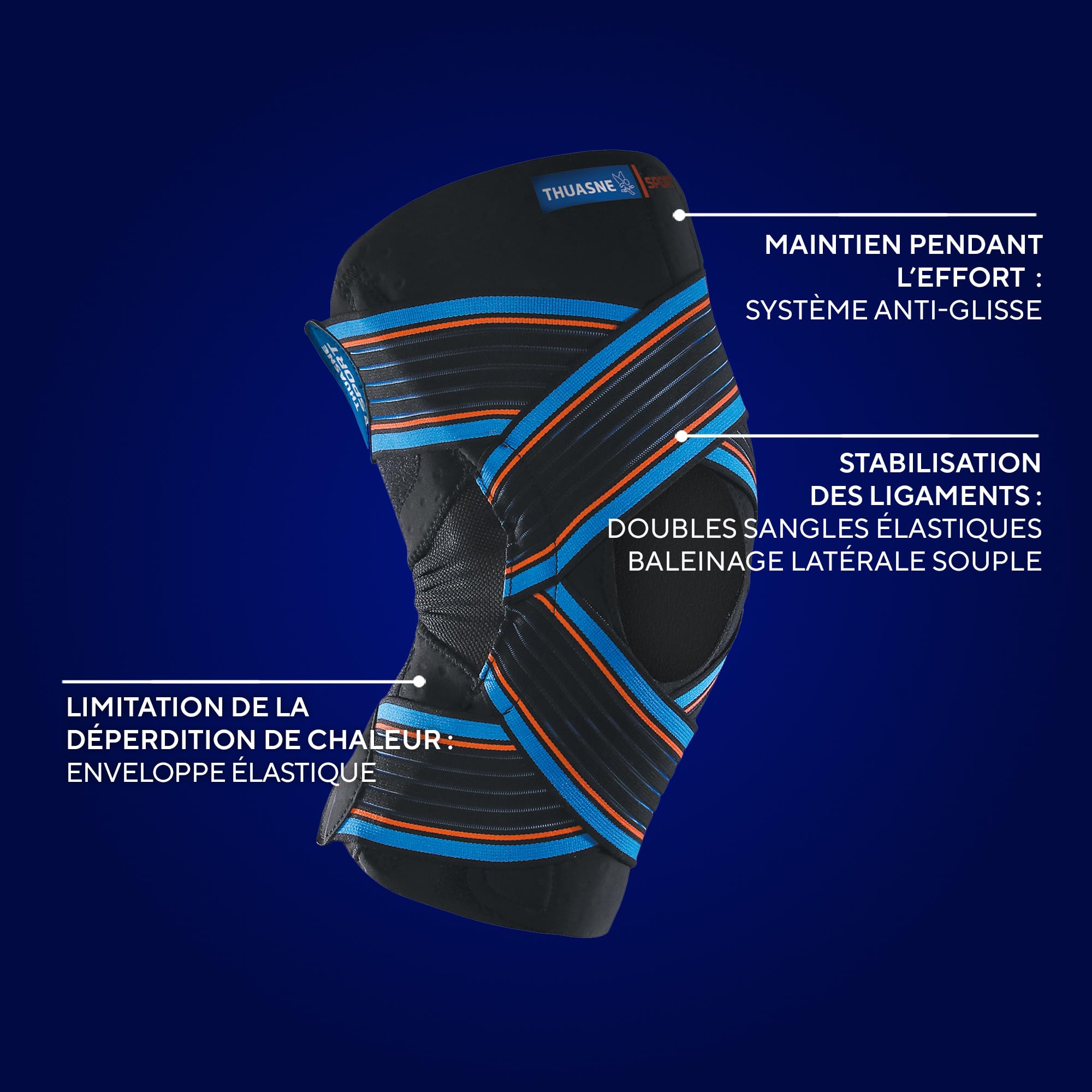 Thuasne Sport - Genouillère Strapping Ouverte - Genou Instable ou Douloureux - Limitation de Déperdition de Chaleur* - Indice de Maintien 3/3 - Dispositif Médical CE - Taille L