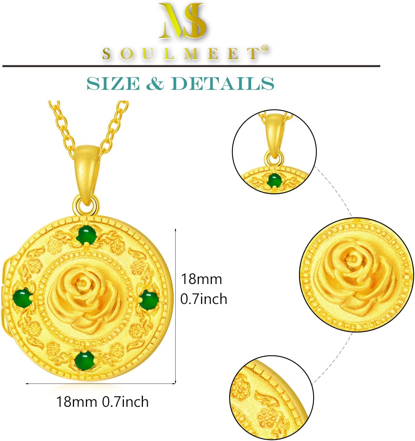 SOULMEET Personalized 10K 14K 18K Gold/Plated Gold Round Emerald Locket Necklace That Holds Pictures Custom Natural Gemstone Locket Pendant Necklace Gift for Wome Men