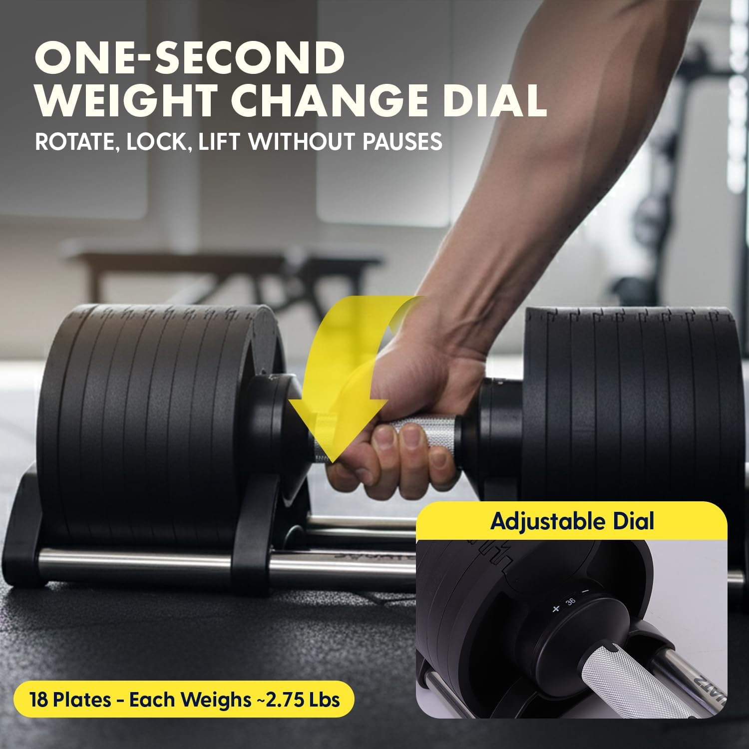SQUATZ Adjustable Dumbbells with Quick Weight Change, Space-Saving Dumbbell Set with Anti?Slip Handle, Secure Locking System, Heavy?Duty Plates & Base for Home Workout and Strength Training 70 LB - Single