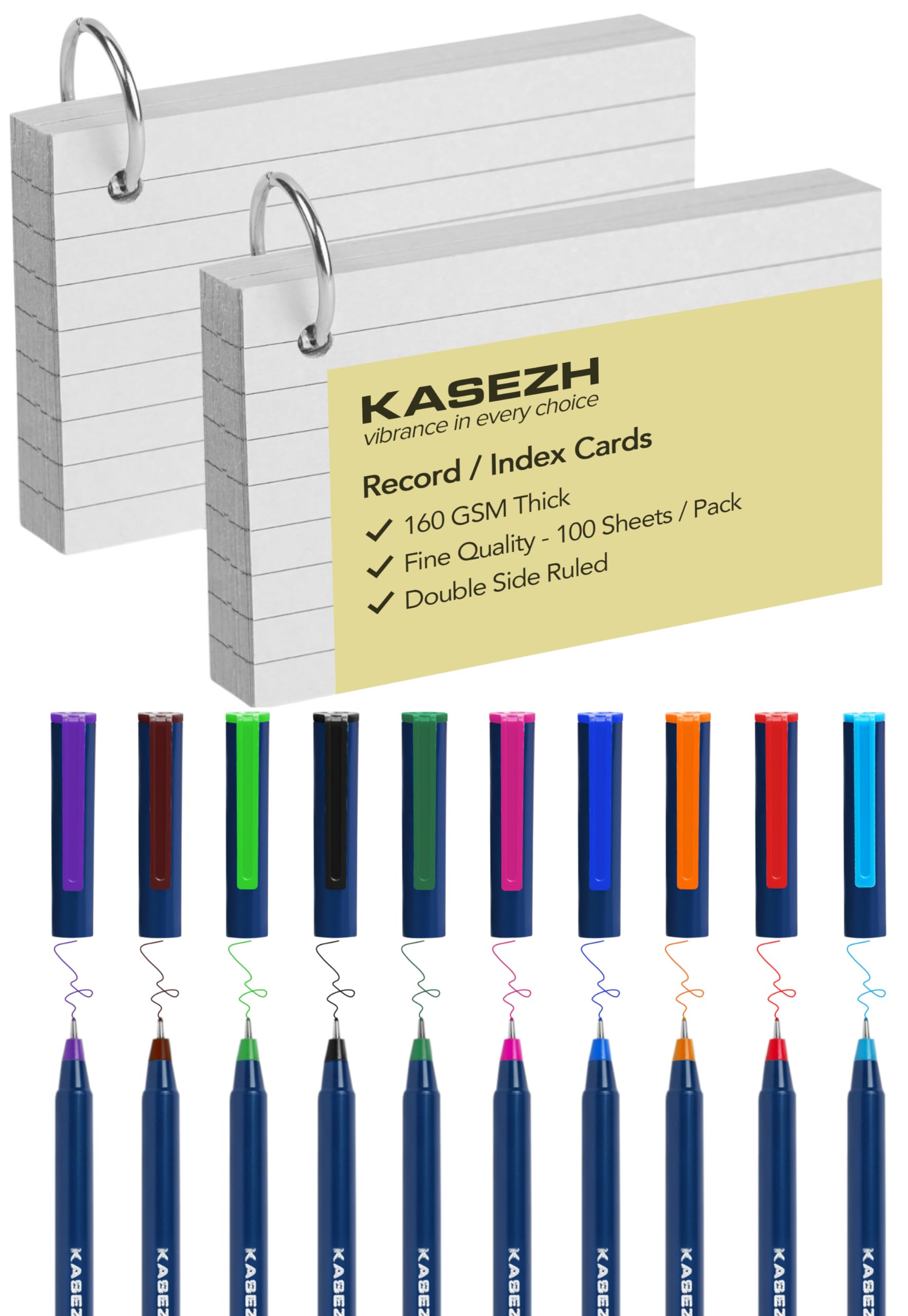 Kasezh 2 Pack(200sheets 160 GSM-Thick Premium) White Ruled Record Cards with 10 Fineliner Pens, 2 Binder Rings – White Double Side Ruled Flashcards (5x3”) for Projects.