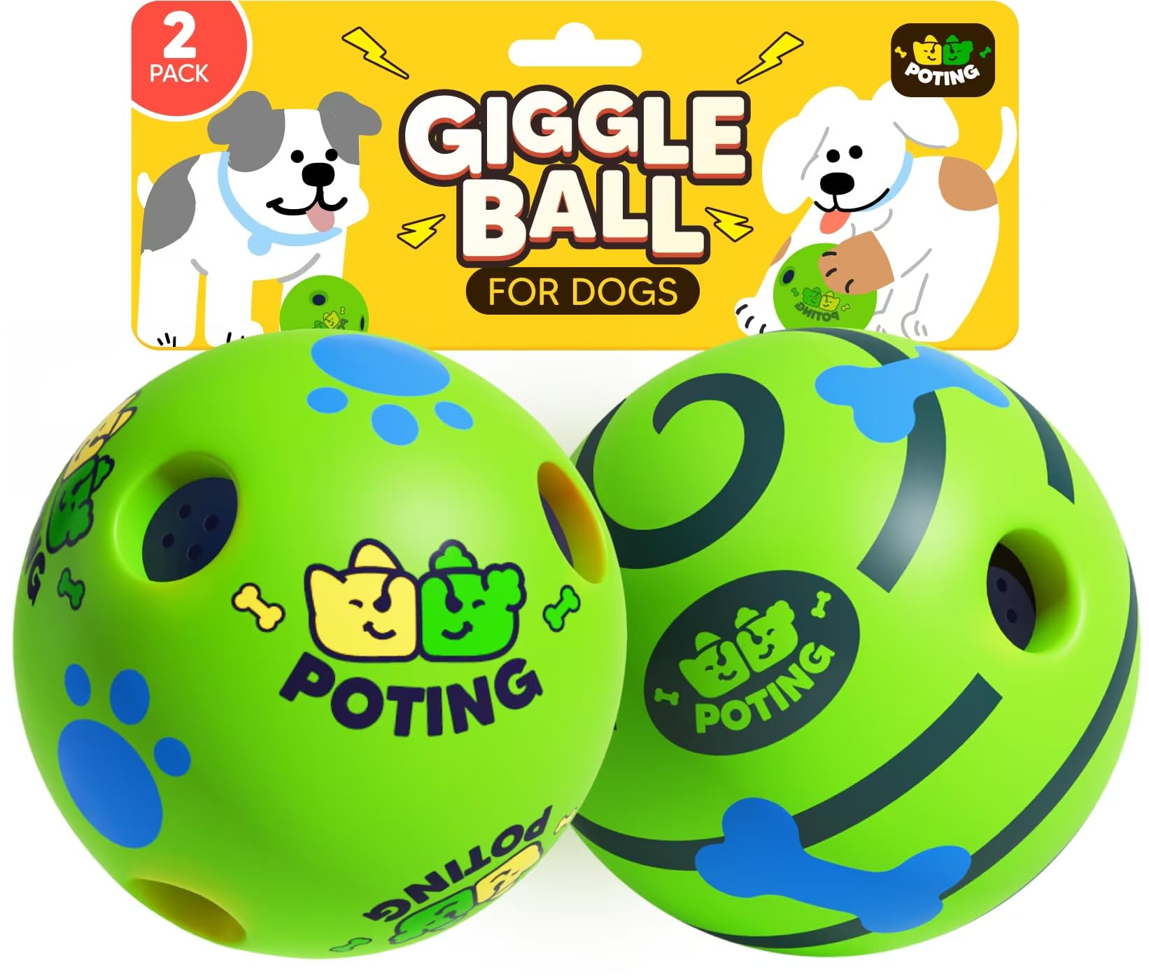 POTING Giggle Ball for Dogs 2 Pack, Interactive Dog Toys, Funny Giggle Sound Toy Ball, Chew Toys for Large Medium Small Dogs, Fun Giggle Sounds Attract Attention When Rolled or Shaken - 3.14 inch