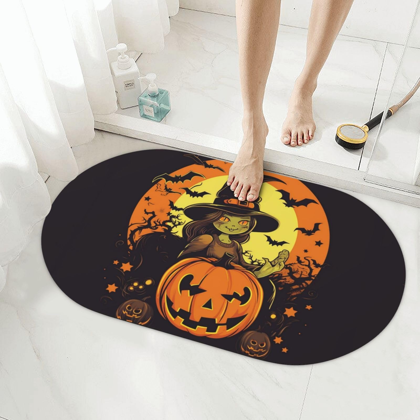 Tapis de bain en pierre ultra absorbant avec motif citrouille de sorcière
