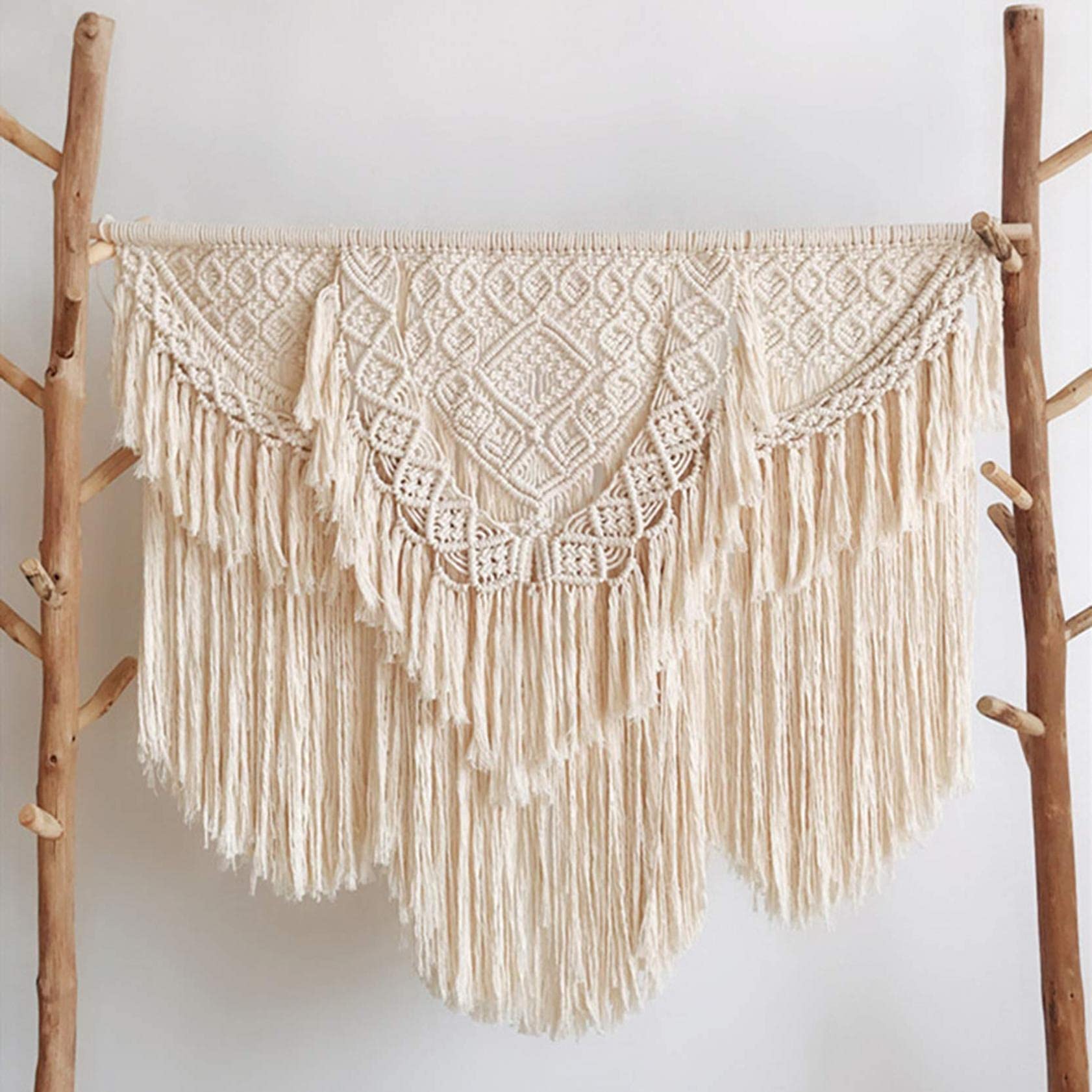 Tapisserie en macramé beige de 120 x 90cm avec franges en coton