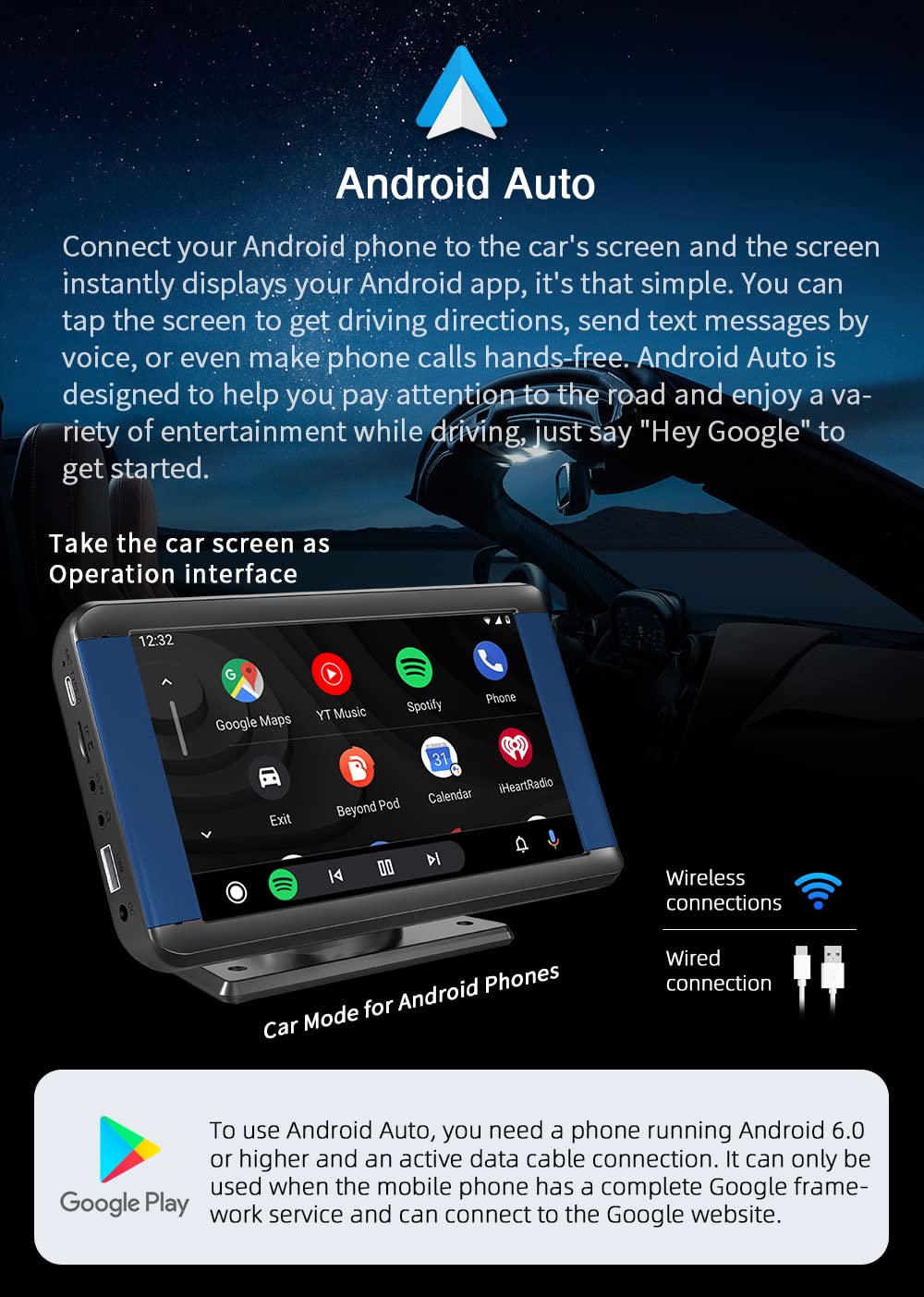 Estéreo inalámbrico portátil para automóvil Pantalla táctil IPS de 7 Pulgadas Compatible Apple Carplay y Android Auto Radio para automóvil con Bluetooth Manos Libres, Mirror Link, Transmisor FM, AUX