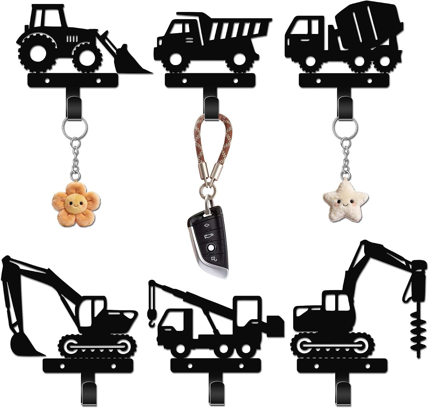 JEWLOVE Construction Vehicles Silhouette Metal Wall Hooks, Set of 6 – Coat Hooks for Nursery, Kids’ Room, Living Room, Bedroom, Bathroom, Classroom