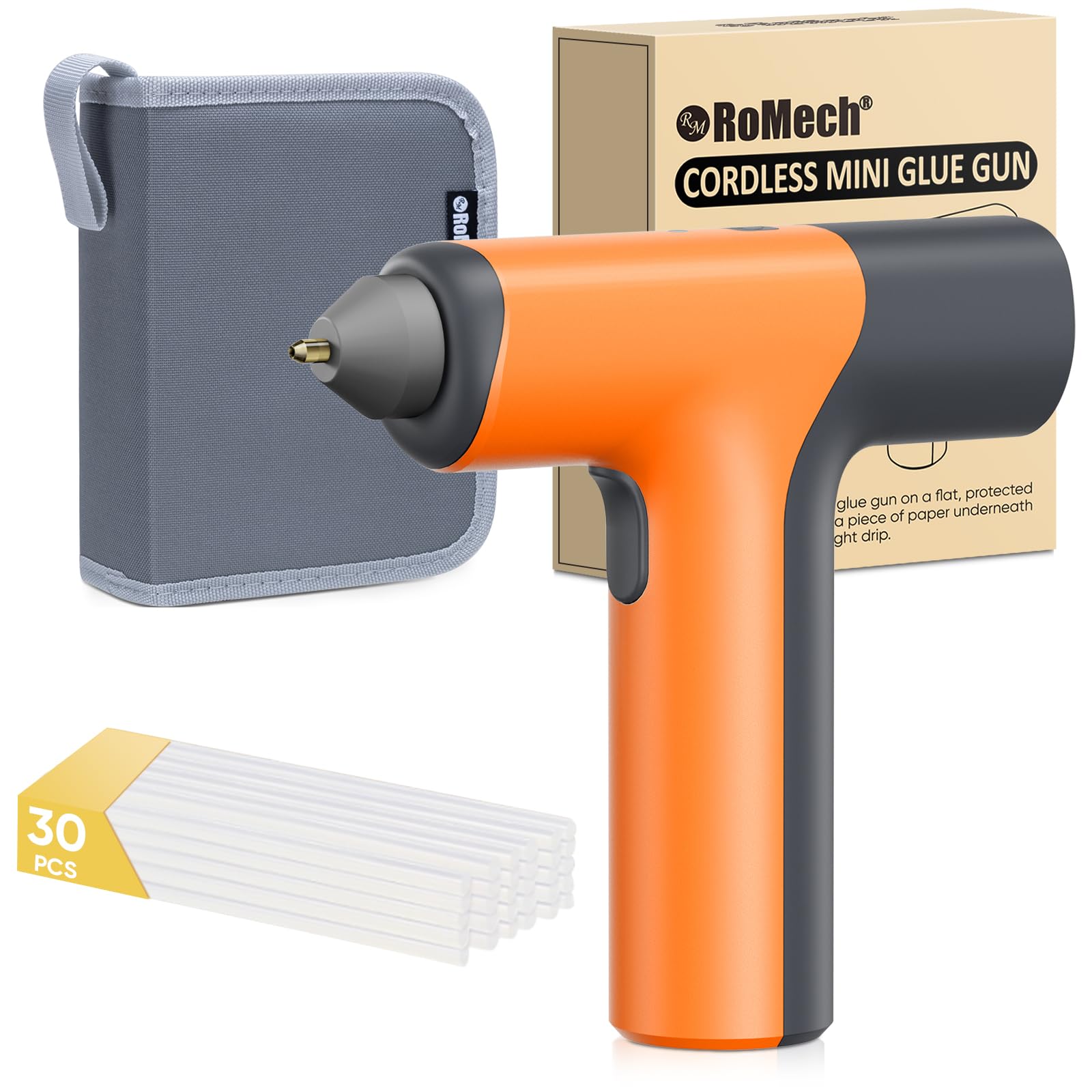 ROMECH Cordless Hot Glue Gun, Auto Dispensing Craft Glue Gun with 30 Pcs Glue Sticks, 3Ah Type-C Rechargeable Glue Gun Kit with Storage Case (Orange)