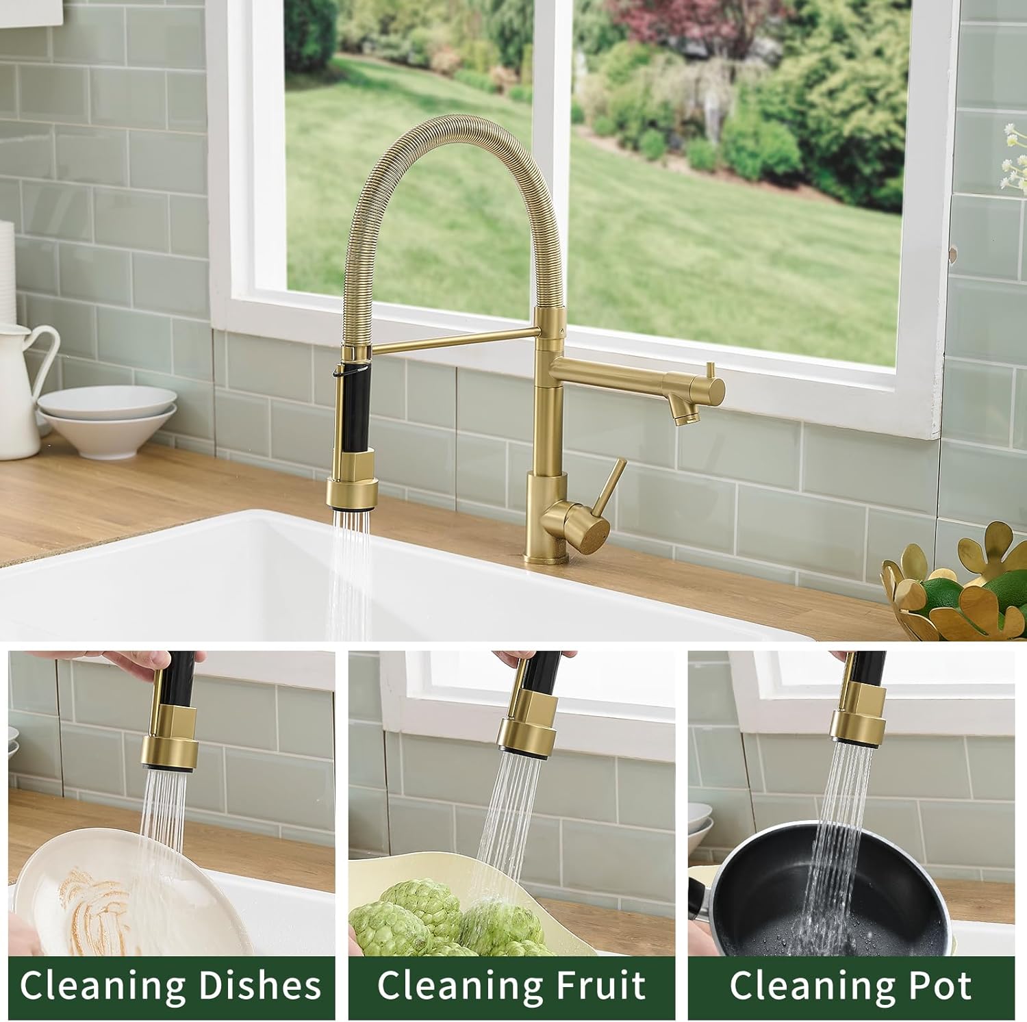 Fapully Commercial Pull Down Kitchen Faucets with Sprayer,Single Handle Spring Brushed Gold Kitchen Sink Faucet - Image 4