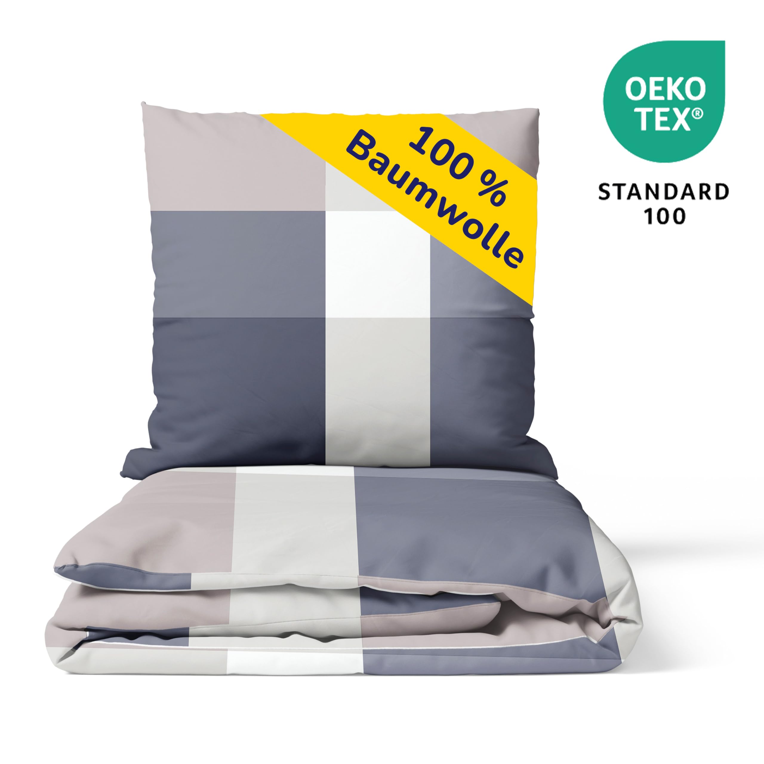 Bettwäsche aus 100% Baumwolle 2tlg. 155x220 + 80x80 cm Karo beige anthrazit | Renforcé Bettwäsche mit Reißverschluss, leicht, atmungsaktiv, bügelfrei, ideal für Frühling, Sommer, Made in EU, OEKO-Tex