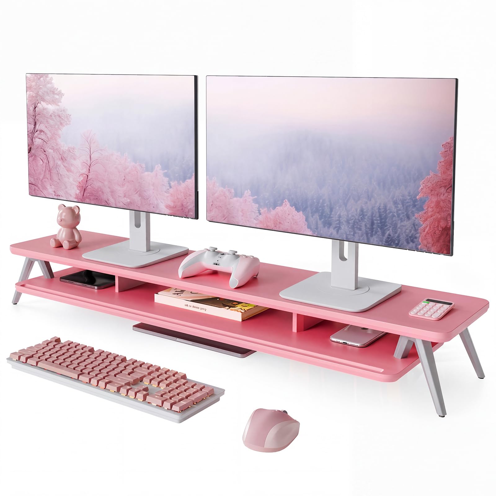 Fenge Dual Monitor Stand Riser, Wooden Desk Shelf with 2-Tier Storage