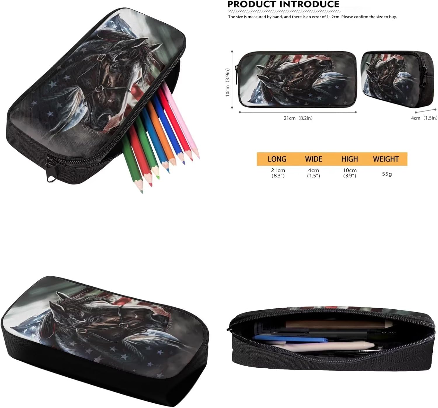 American Flag Horse Backpack for Boys Kids Backpack with Lunch Box and Soft Pencil Box 3PCS 17" Large Bookbag Set for School Teens Casual Daypack Backpacks Sturdy School Bag with Compartments