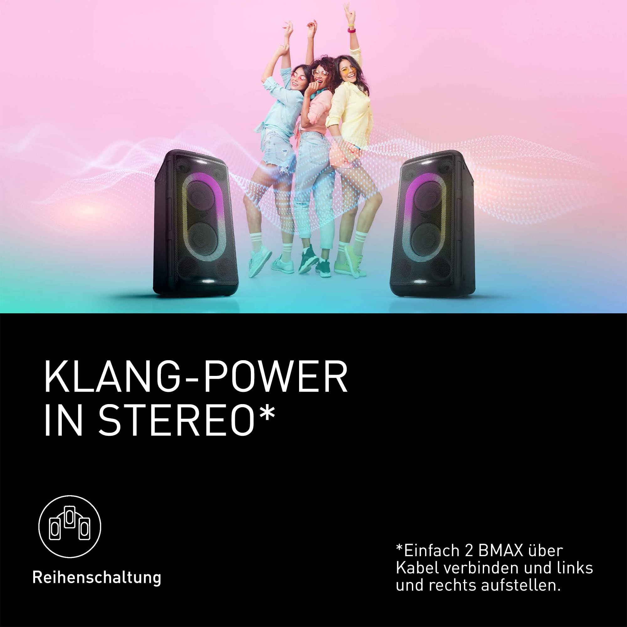 Panasonic SC-BMAX10E-K Tragbarer Party-Lautsprecher mit Bluetooth, integrierter Beleuchtung, 150 W, USB, optischem Eingang für TV, Gitarren- & Mikrofoneingängen für Karaoke, Schwarz