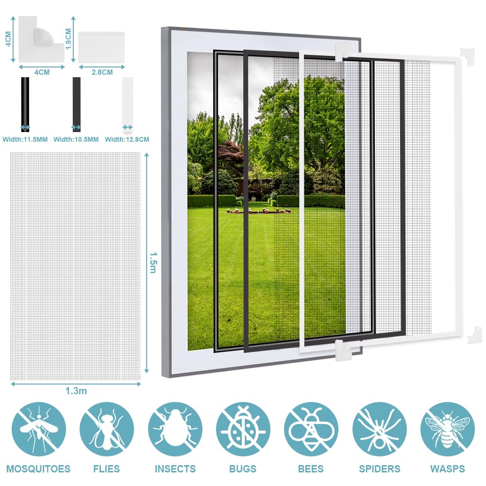 Flintronic Zanzariera Magnetica Finestra, 1.3m*1.5m-Nero | Regolabile Fai-Da-Te per Magnetica Finestre, per Tenere Fuori Insetti, Mosche e Zanzare, Installare Senza Forare