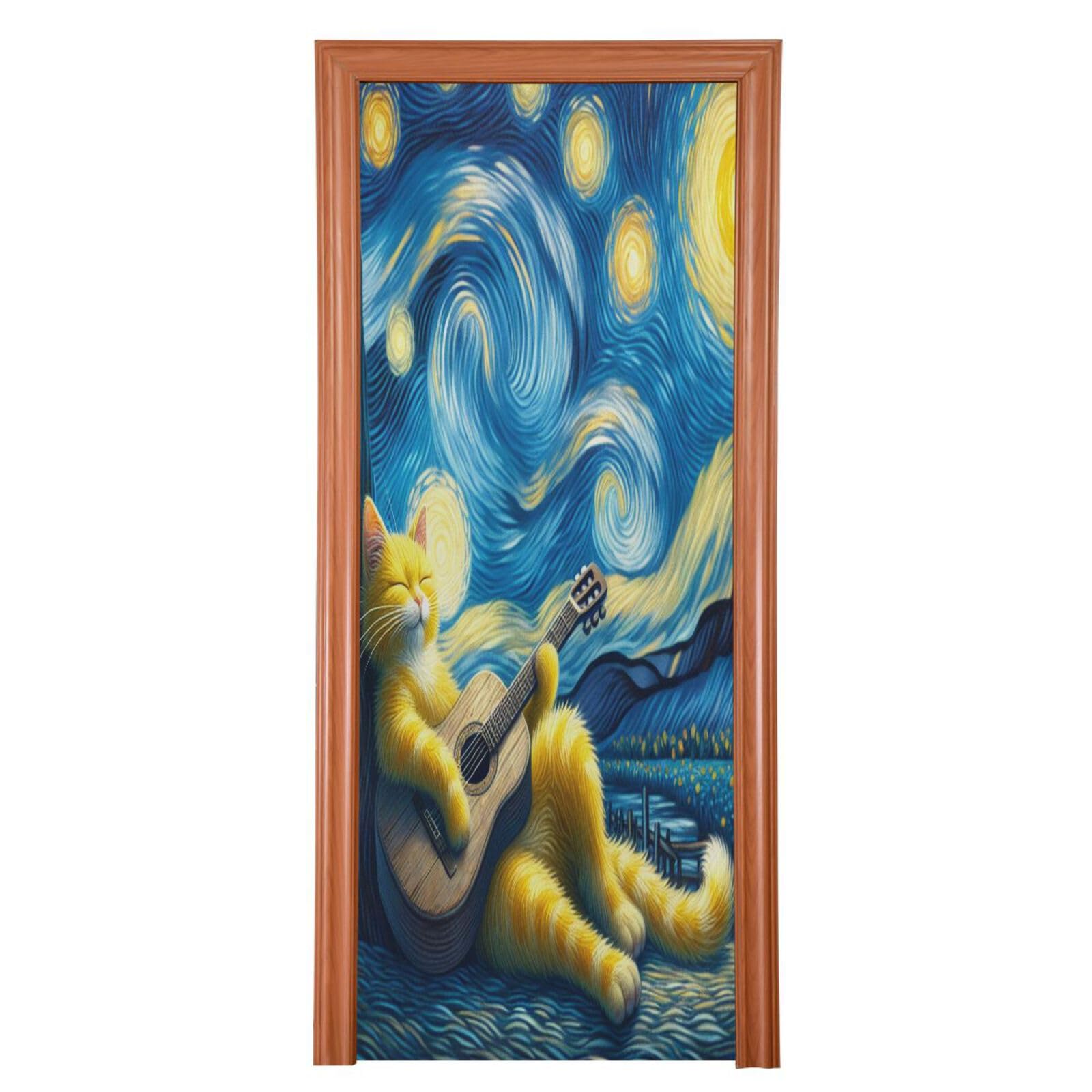 FLildon Starry Night Guitar Cat Door Cover Decoration, Party Accessory Porch Decor for Festive Ornament Room Door Covers 35 x 79 Inch