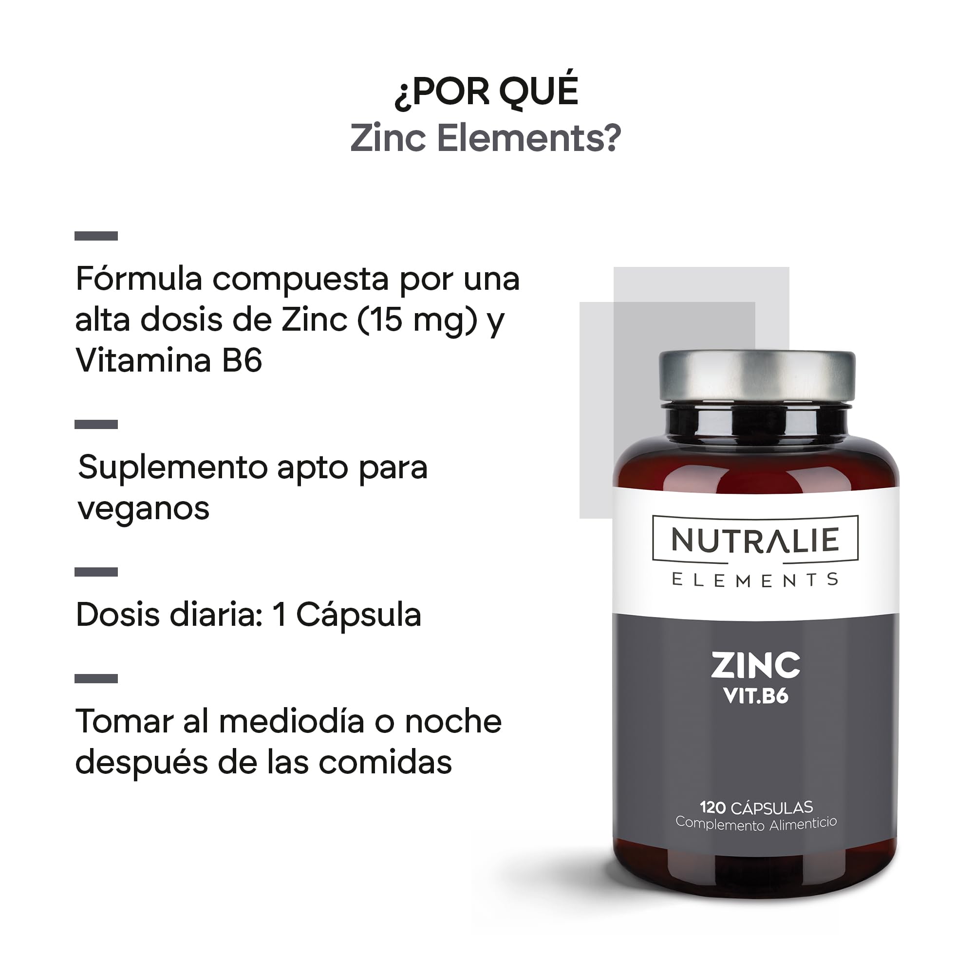 ZINC Cápsulas 15 mg para la Piel, Cabello, Uñas, Acné - Sistema Inmunitario + Vit B6 Bio-disponible - Para 4 Meses - 120 Cápsulas Veganas Nutralie